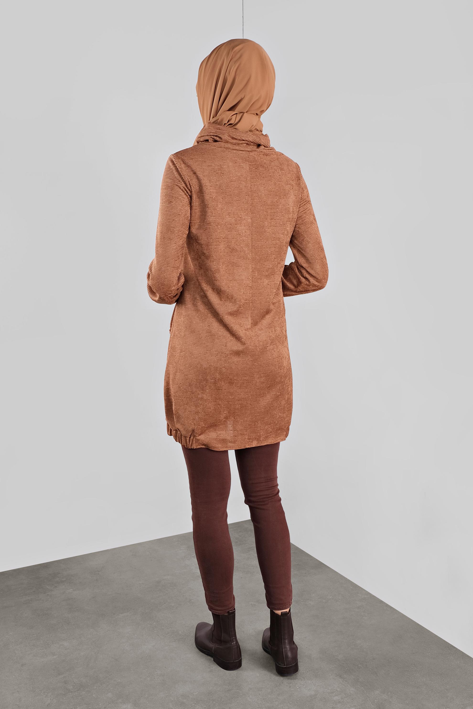 Tesettür giyim TURUNCU BOĞAZLI YAKASI BAĞCIKLI KADİFE TUNİK 41226 