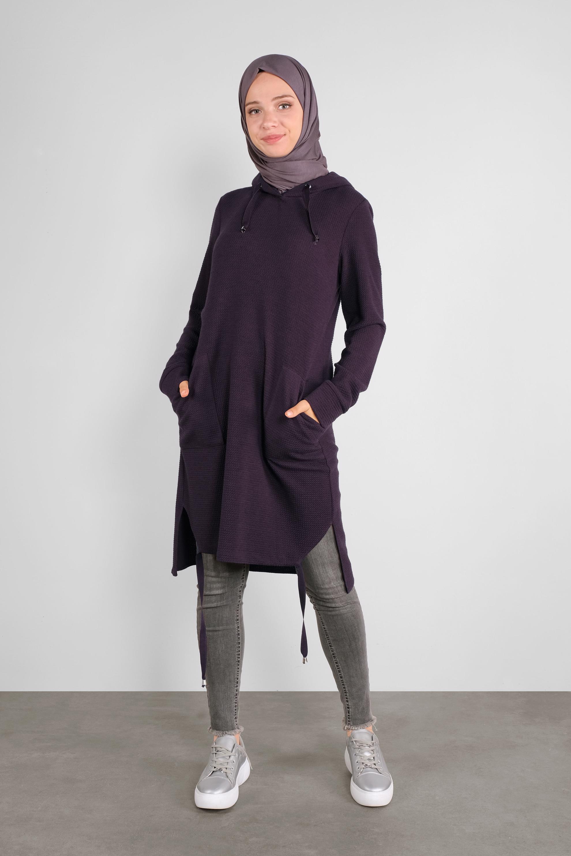 Tesettür giyim MOR KAPÜŞONLU CEPLİ TUNİK 41227 