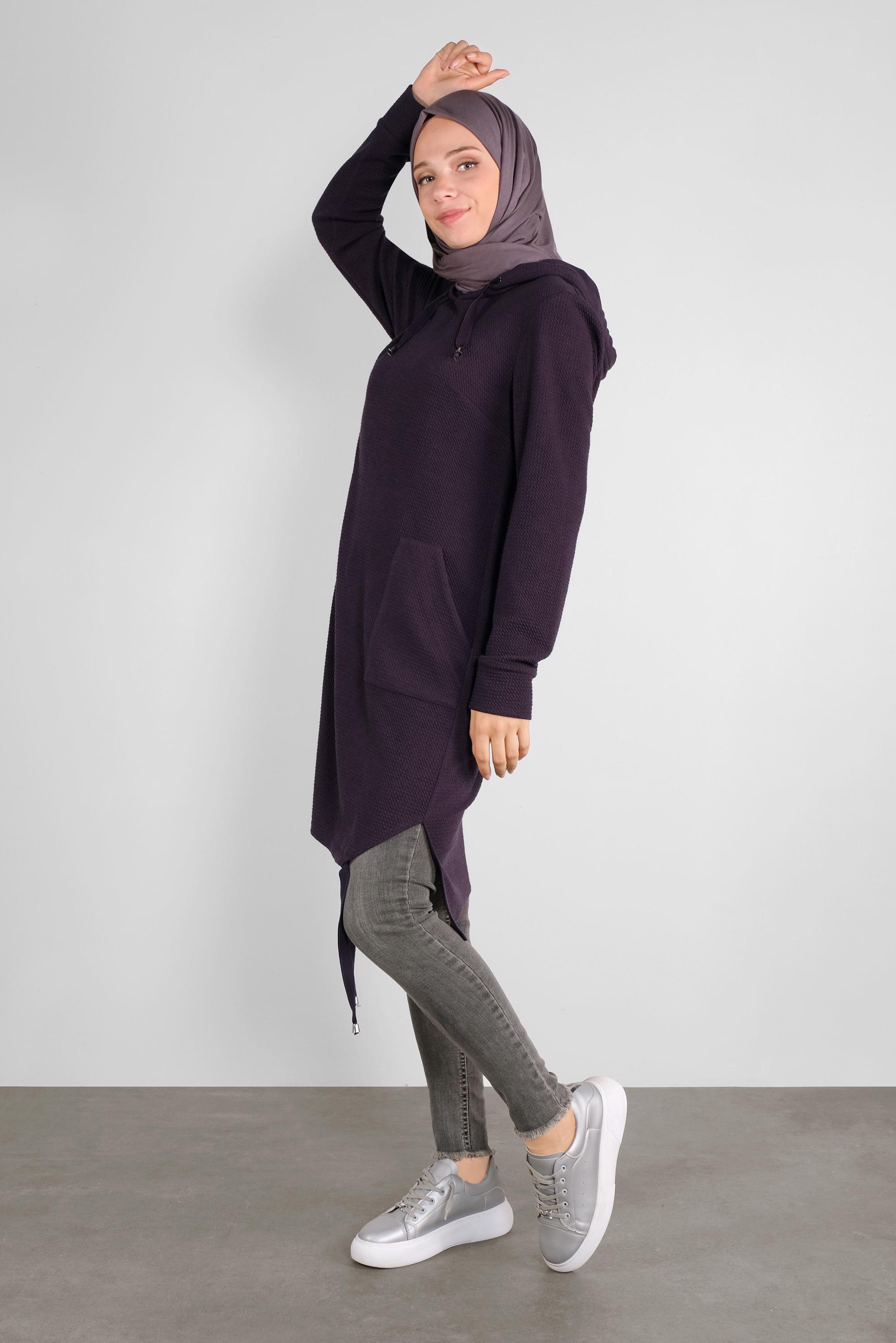 Tesettür giyim MOR KAPÜŞONLU CEPLİ TUNİK 41227 