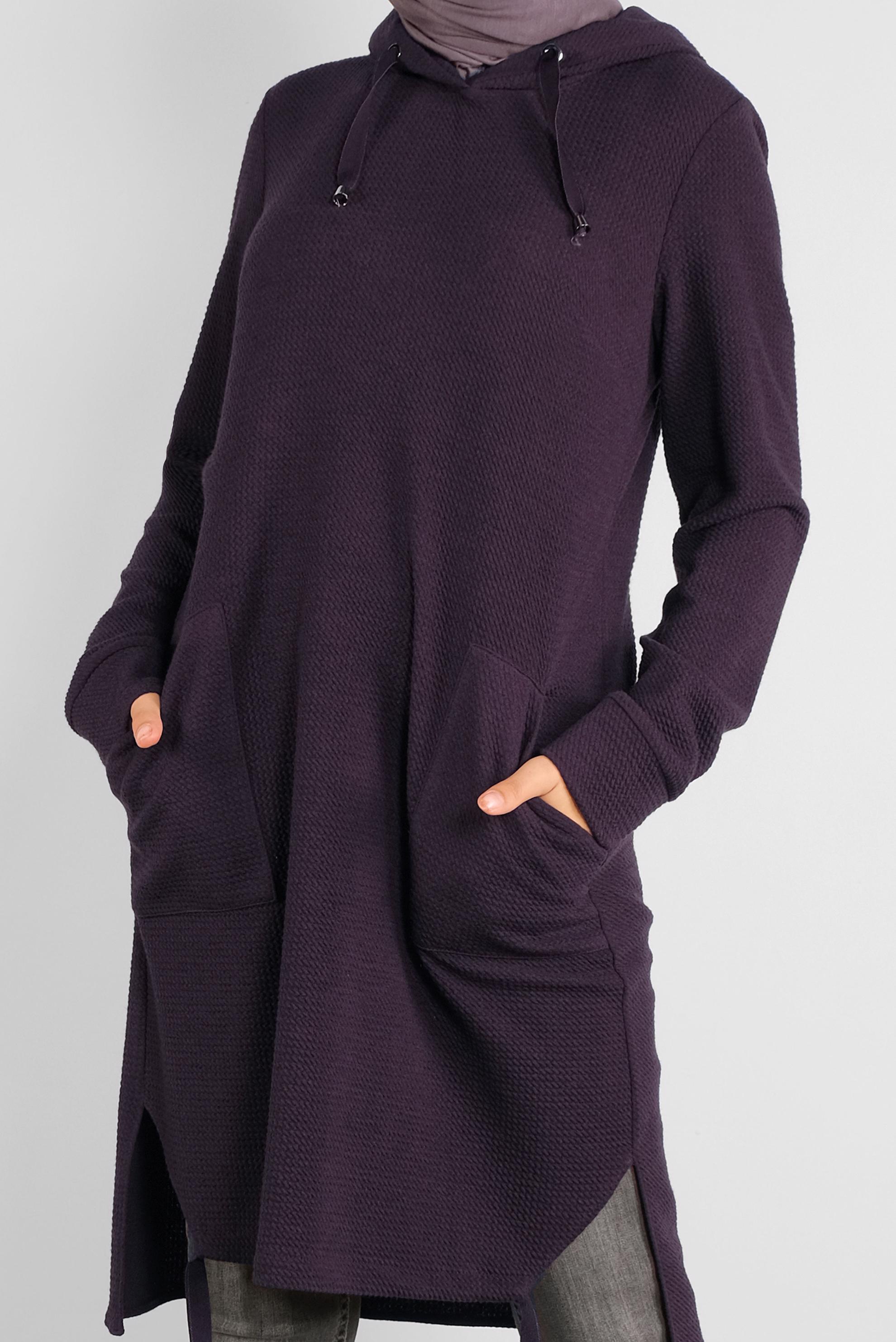 Tesettür giyim MOR KAPÜŞONLU CEPLİ TUNİK 41227 