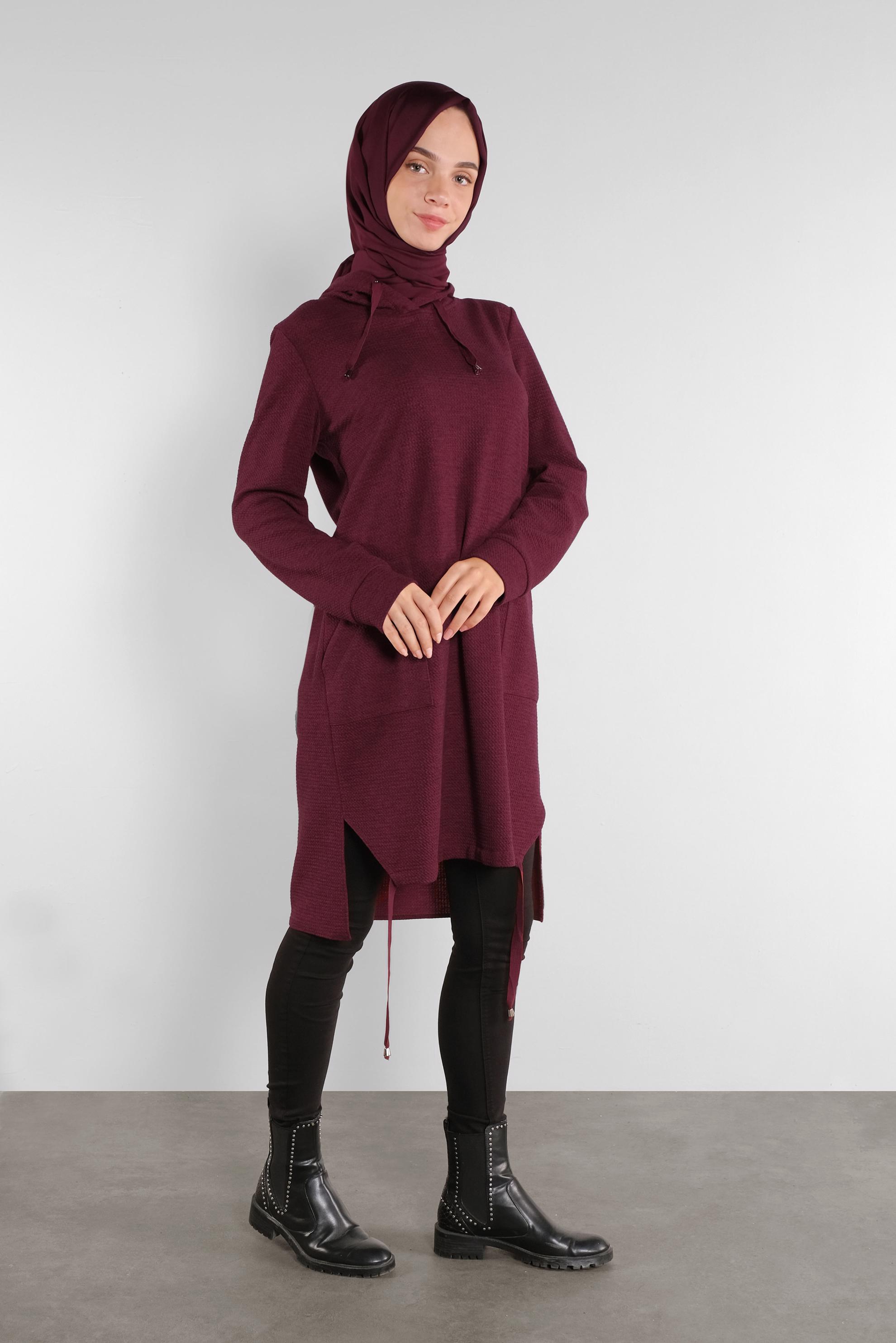 Tesettür giyim BORDO KAPÜŞONLU CEPLİ TUNİK 41227 