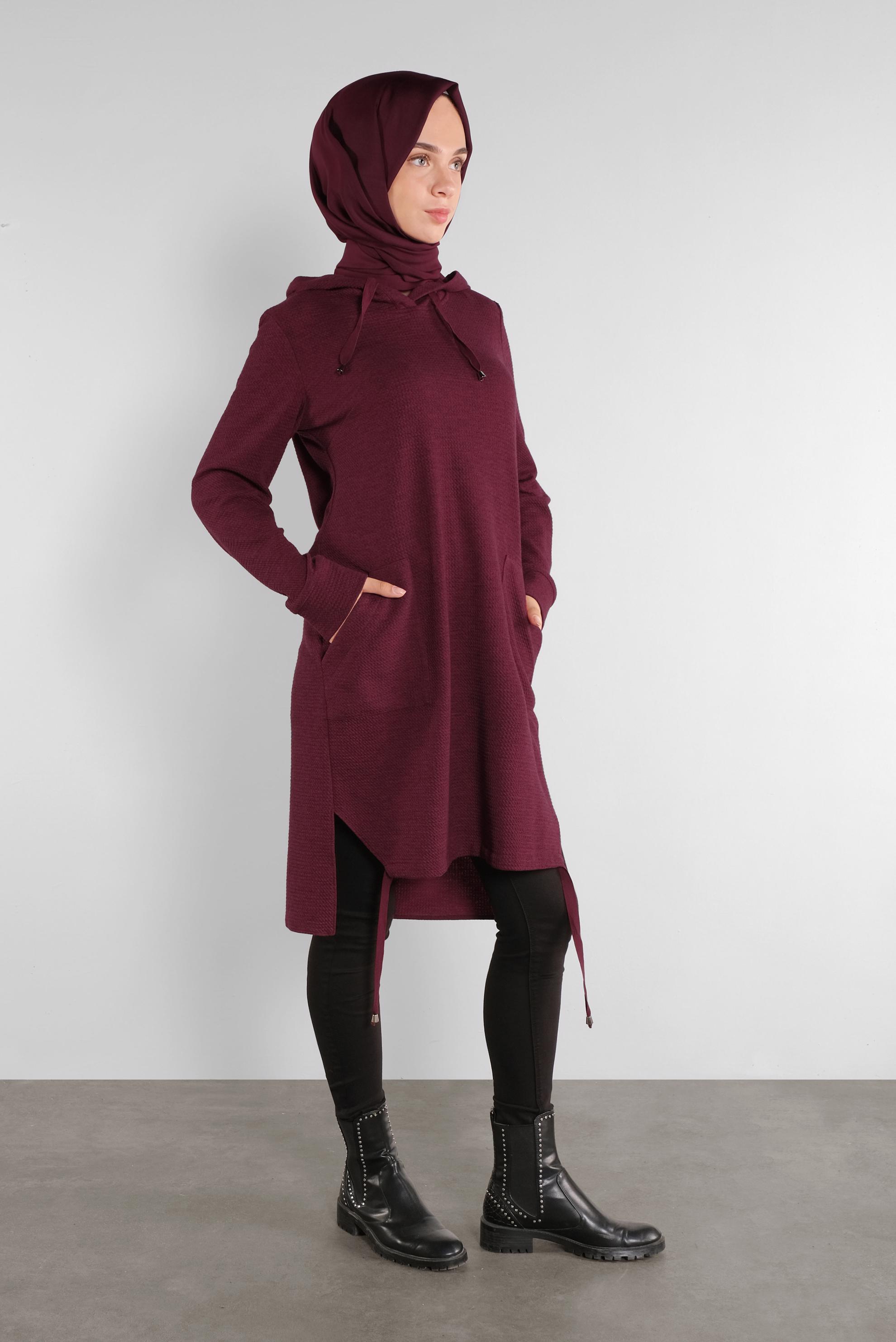Tesettür giyim BORDO KAPÜŞONLU CEPLİ TUNİK 41227 