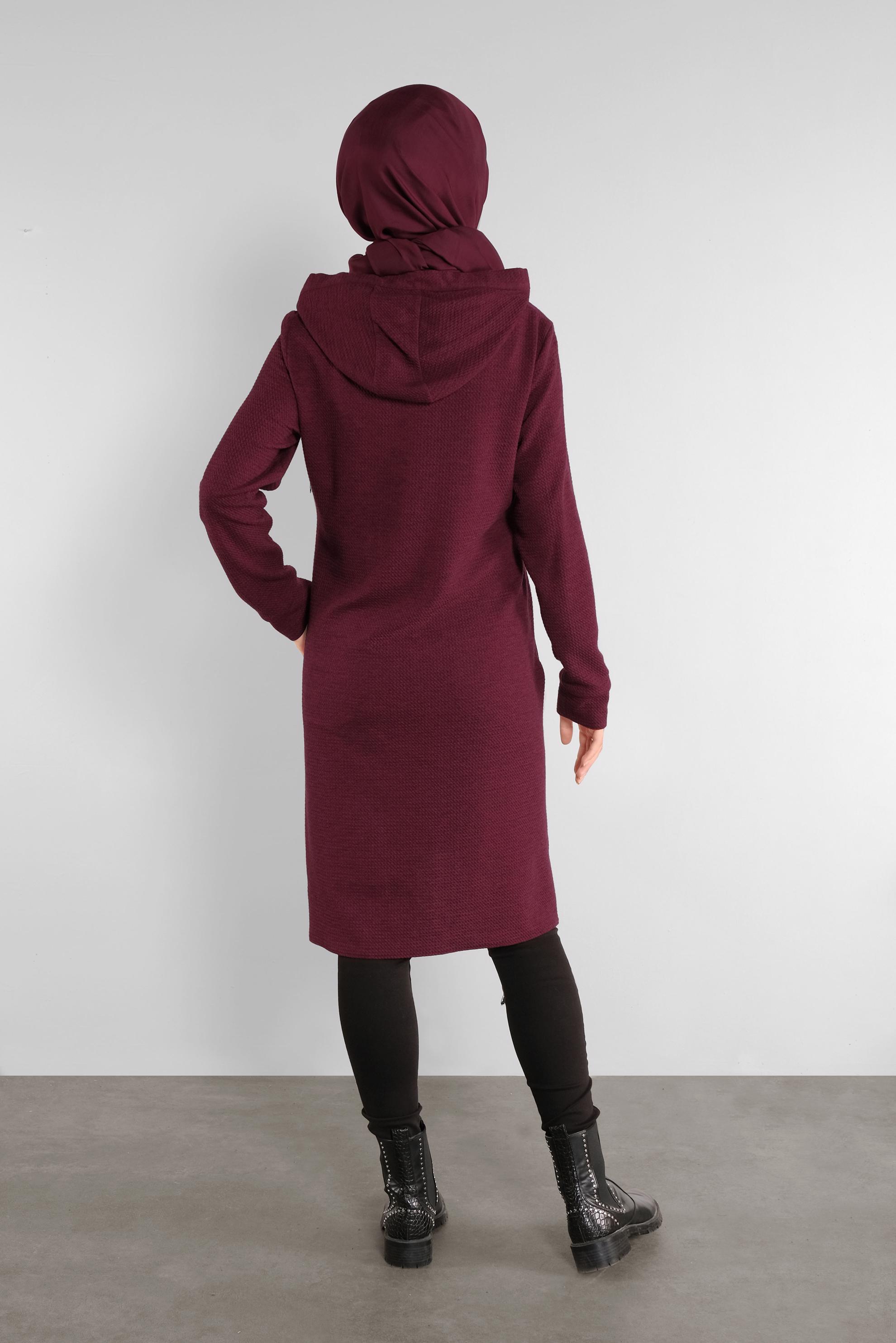 Tesettür giyim BORDO KAPÜŞONLU CEPLİ TUNİK 41227 