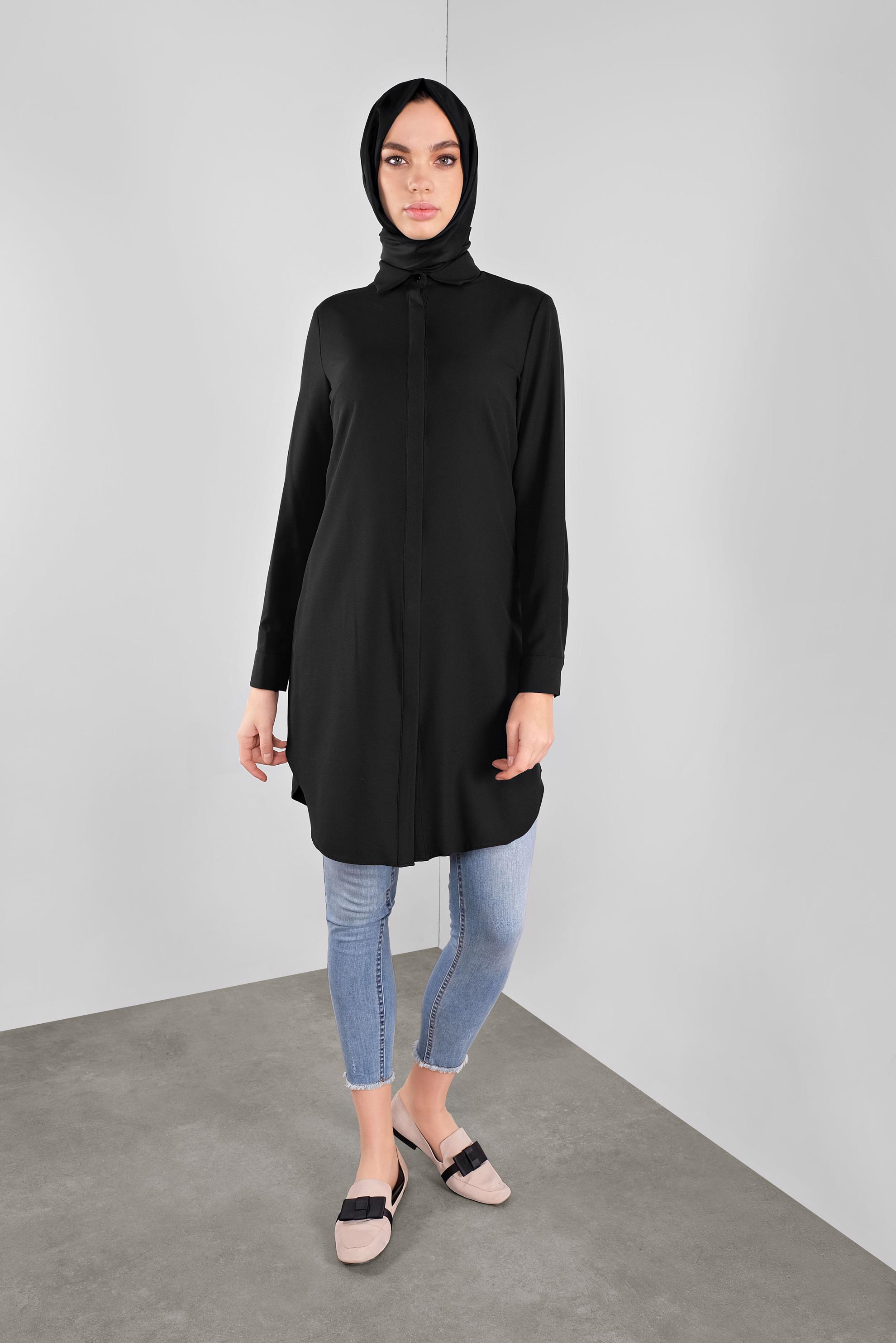 Tesettür giyim SİYAH GİZLİ DÜĞMELİ TUNİK 41228 