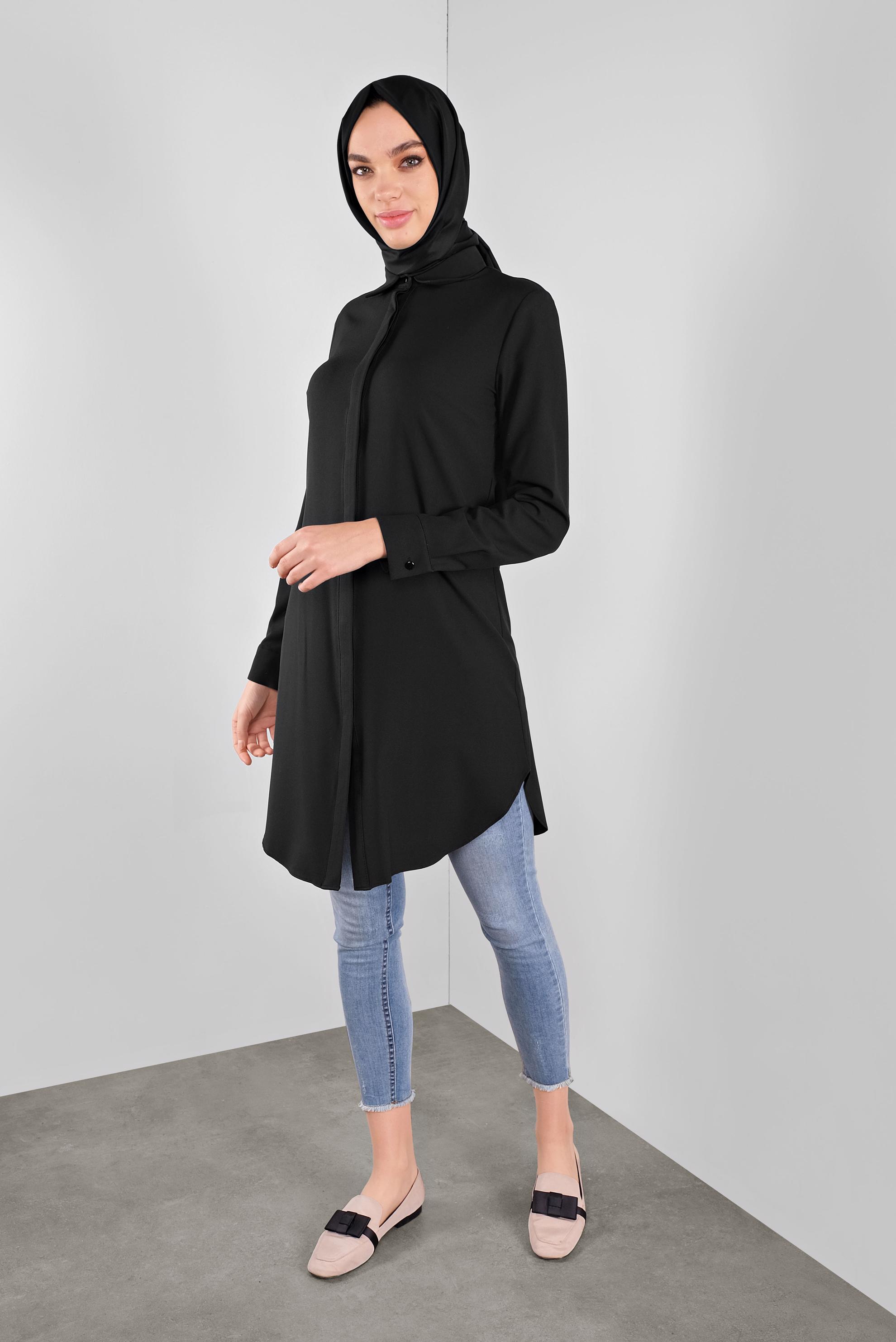 Tesettür giyim SİYAH GİZLİ DÜĞMELİ TUNİK 41228 