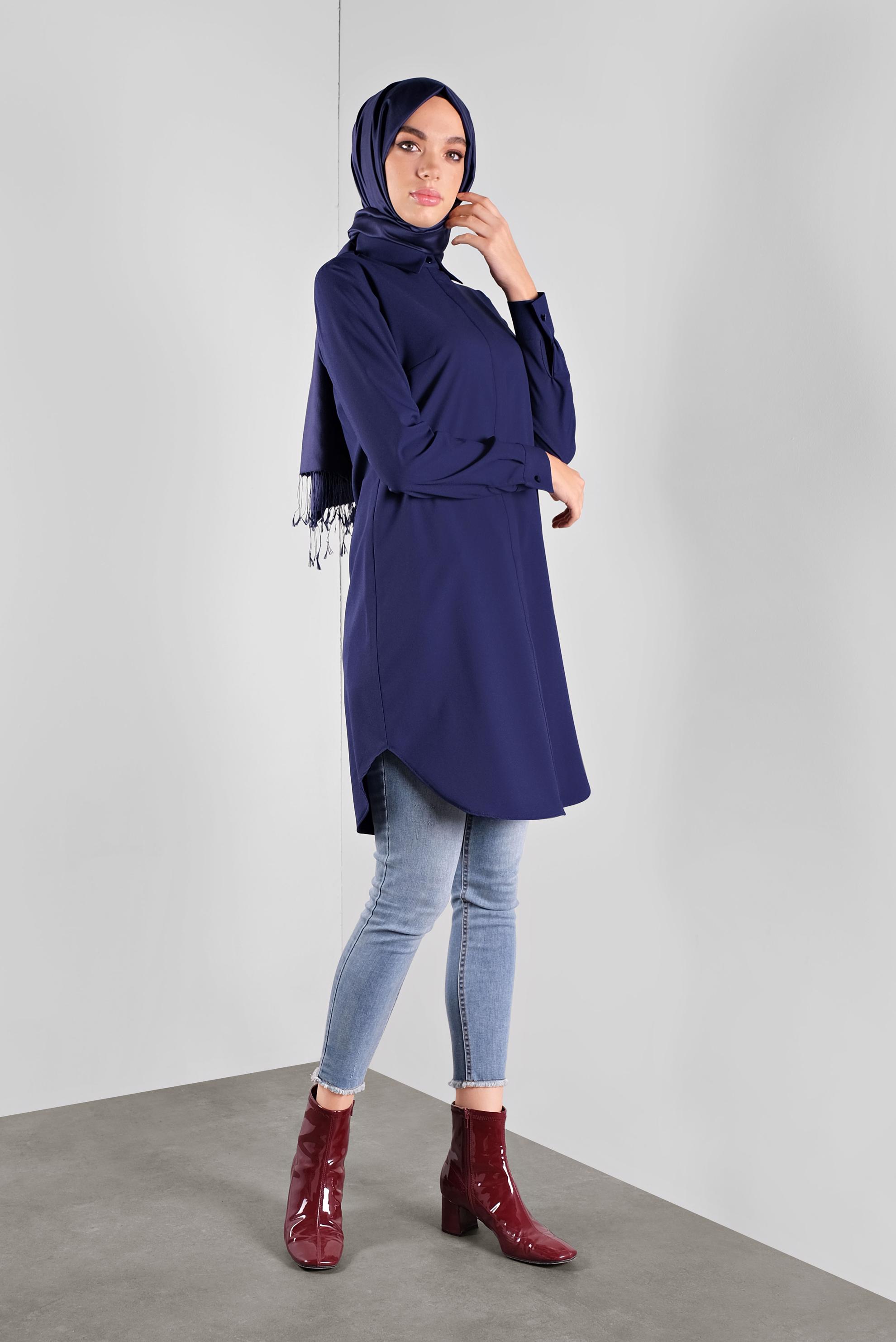 Tesettür giyim LACİVERT GİZLİ DÜĞMELİ TUNİK 41228 