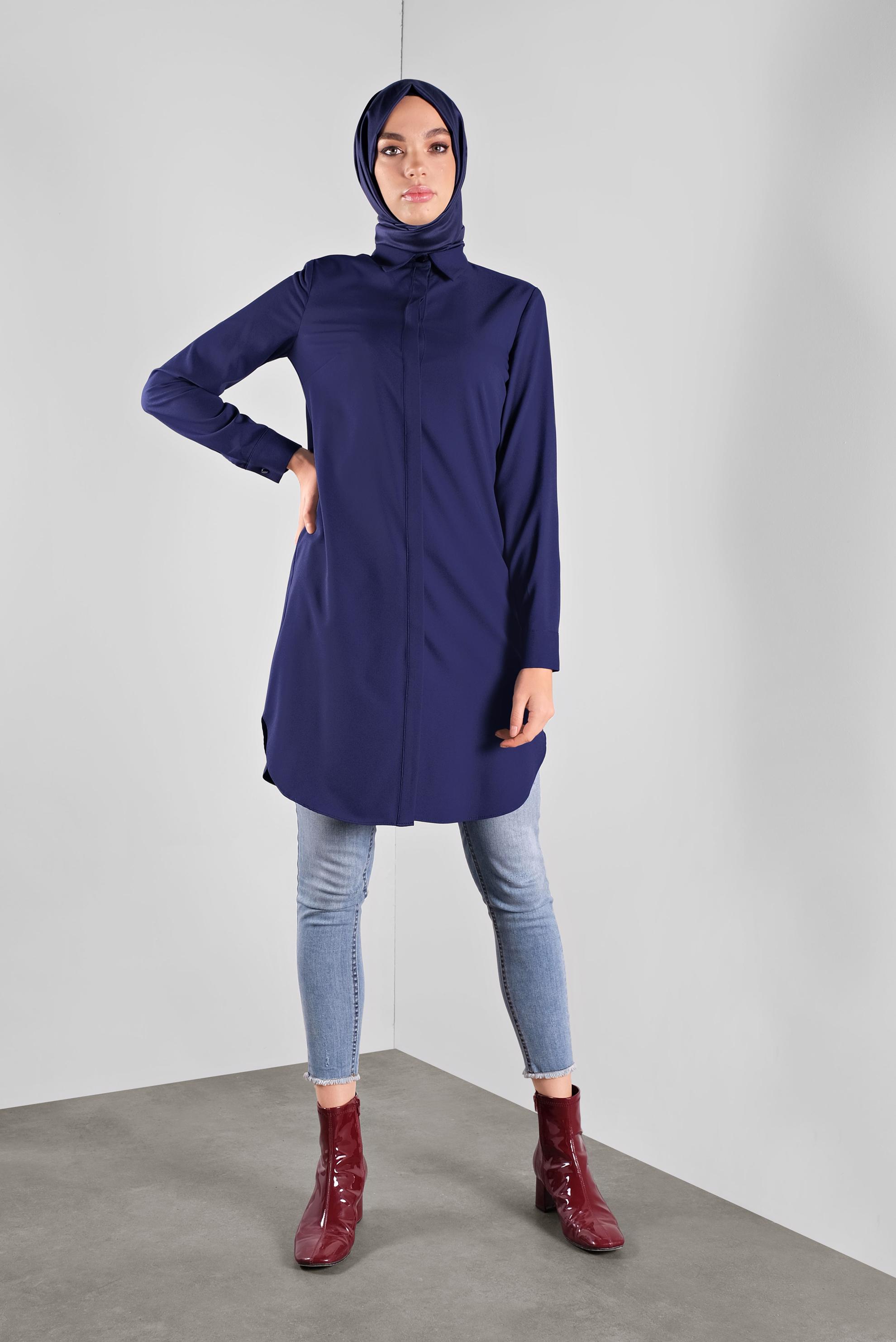 Tesettür giyim LACİVERT GİZLİ DÜĞMELİ TUNİK 41228 