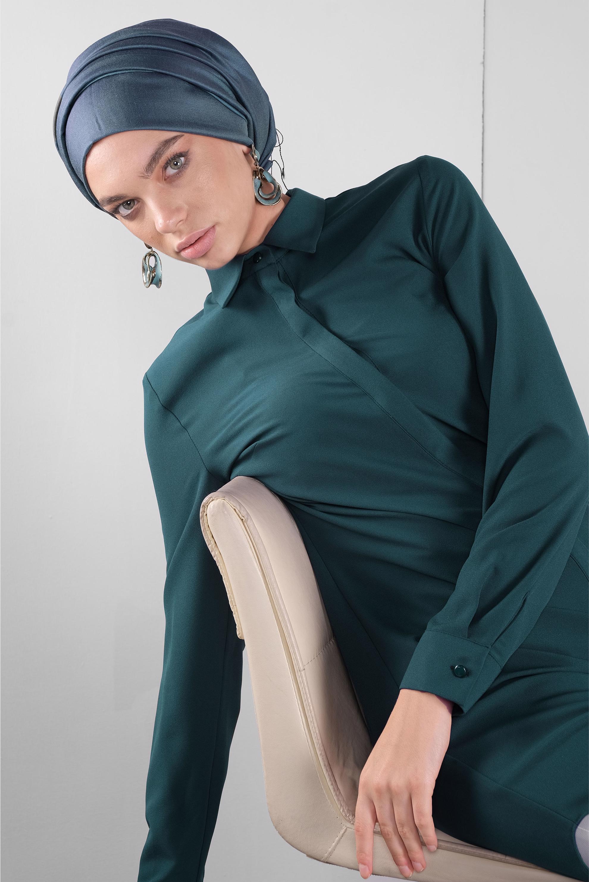 Tesettür giyim YEŞİL GİZLİ DÜĞMELİ TUNİK 41228 