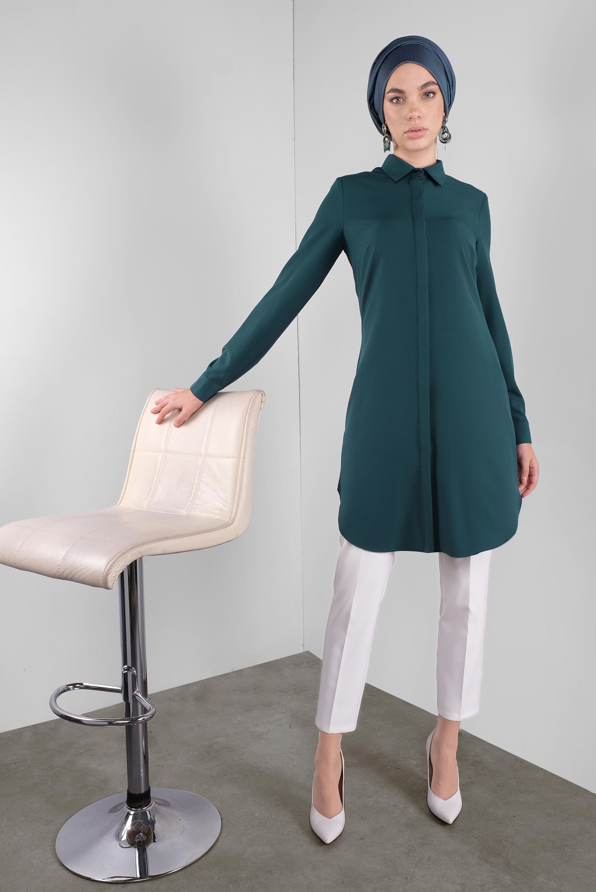 Tesettür giyim YEŞİL GİZLİ DÜĞMELİ TUNİK 41228 