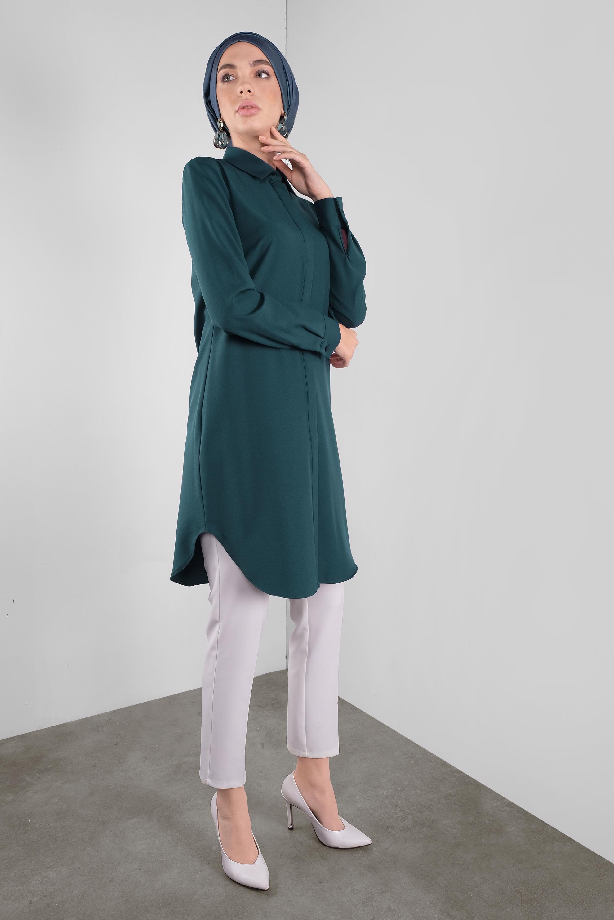 Tesettür giyim YEŞİL GİZLİ DÜĞMELİ TUNİK 41228 