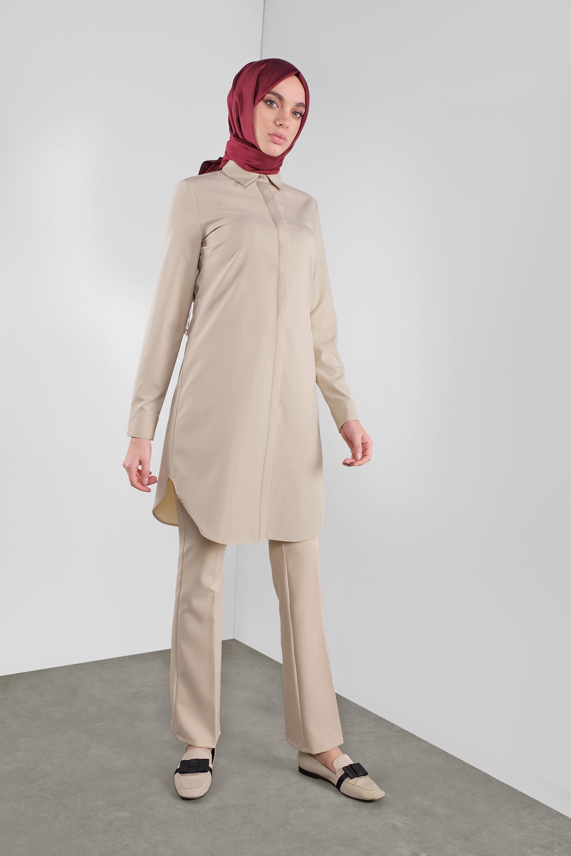 Tesettür giyim EKRU GİZLİ DÜĞMELİ TUNİK 41228 