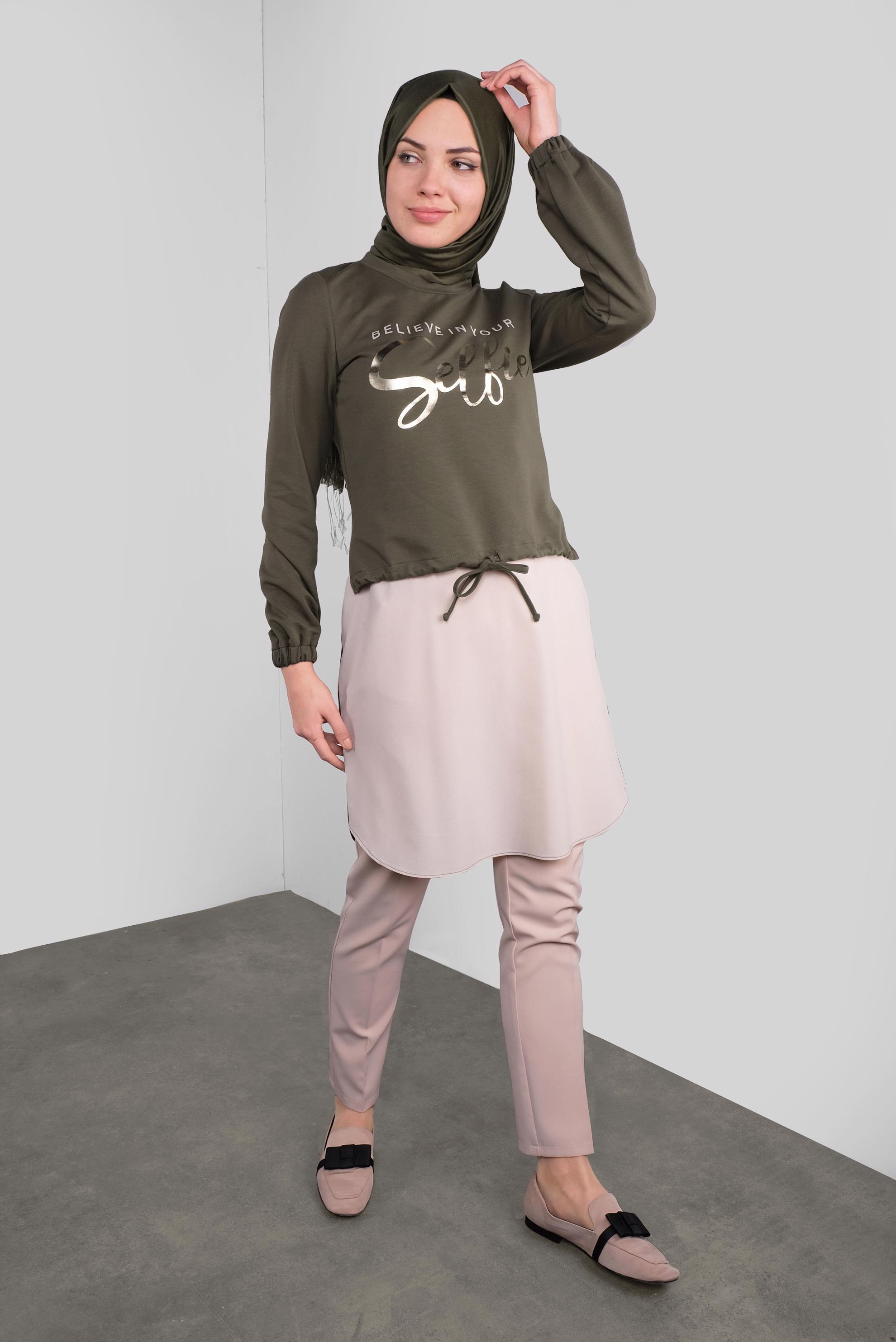 Tesettür giyim HAKİ YAZI BASKILI  BAĞCIKLI TUNİK 41230 