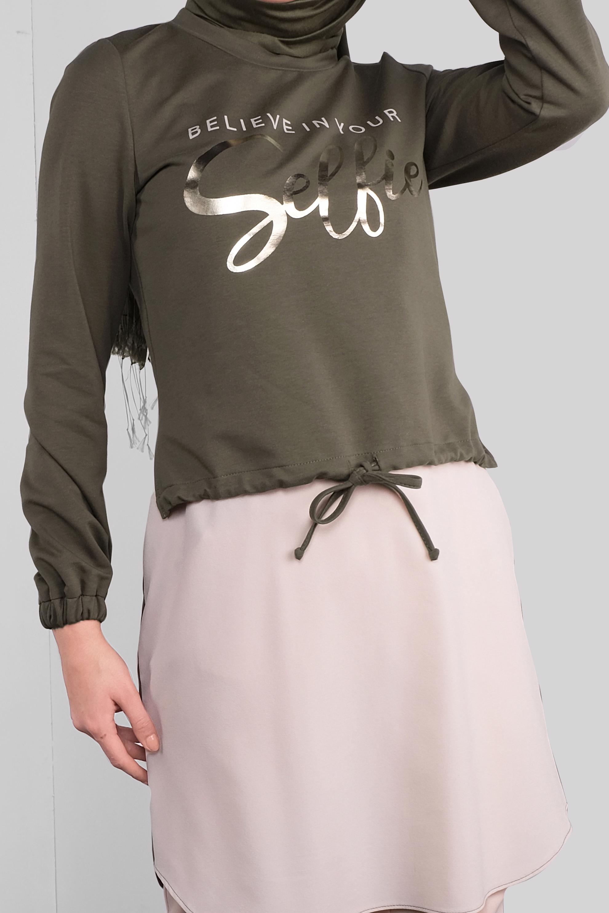 Tesettür giyim HAKİ YAZI BASKILI  BAĞCIKLI TUNİK 41230 