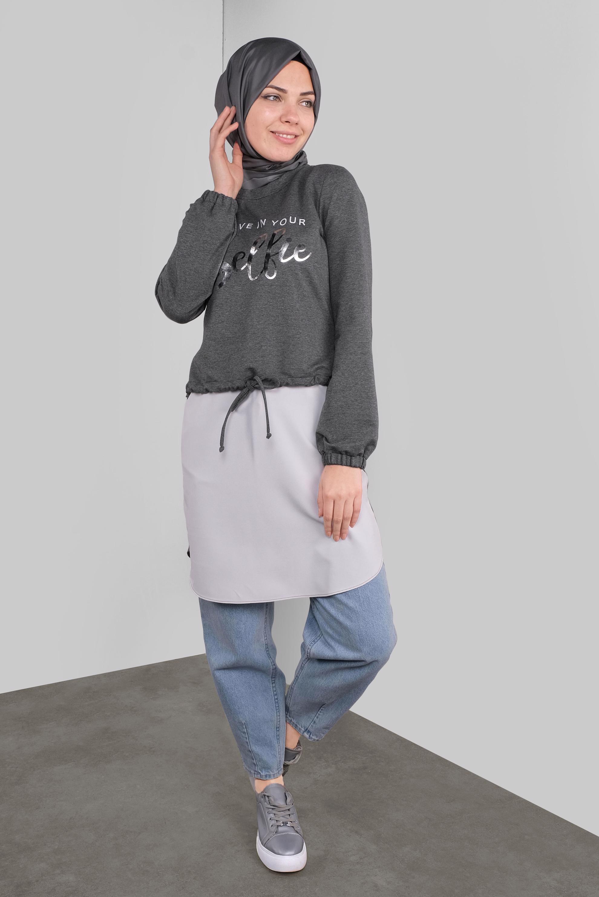 Tesettür giyim GRİ YAZI BASKILI  BAĞCIKLI TUNİK 41230 