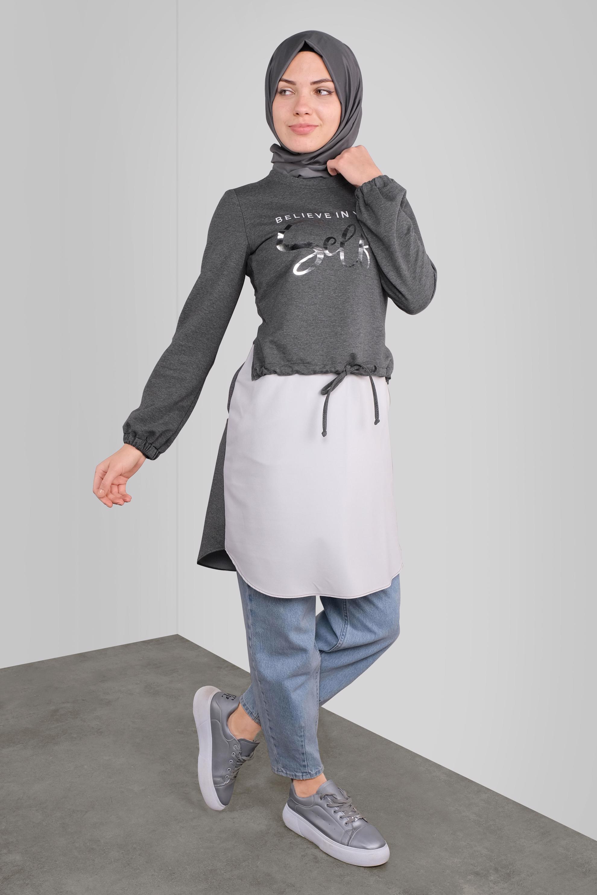 Tesettür giyim GRİ YAZI BASKILI  BAĞCIKLI TUNİK 41230 