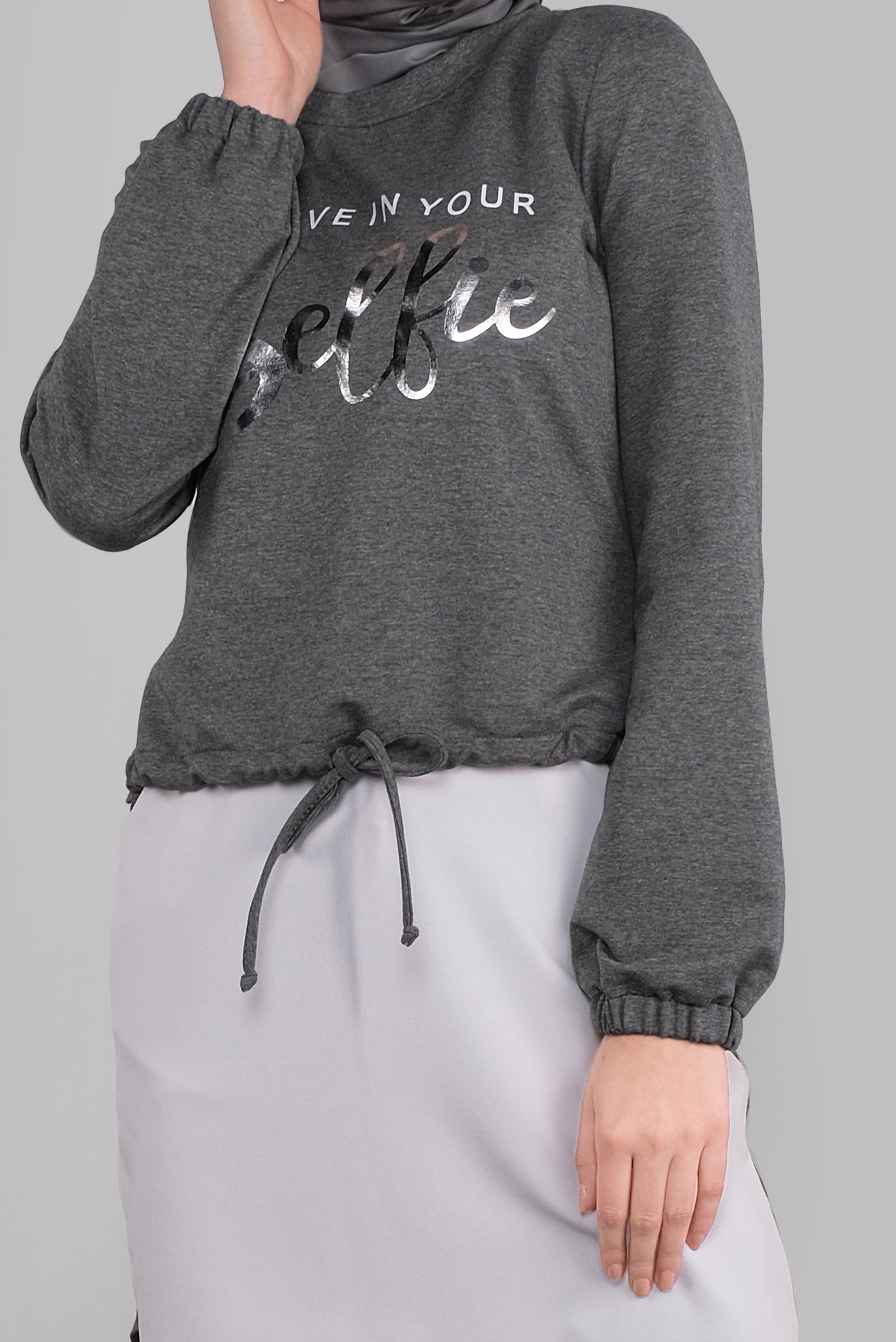 Tesettür giyim GRİ YAZI BASKILI  BAĞCIKLI TUNİK 41230 