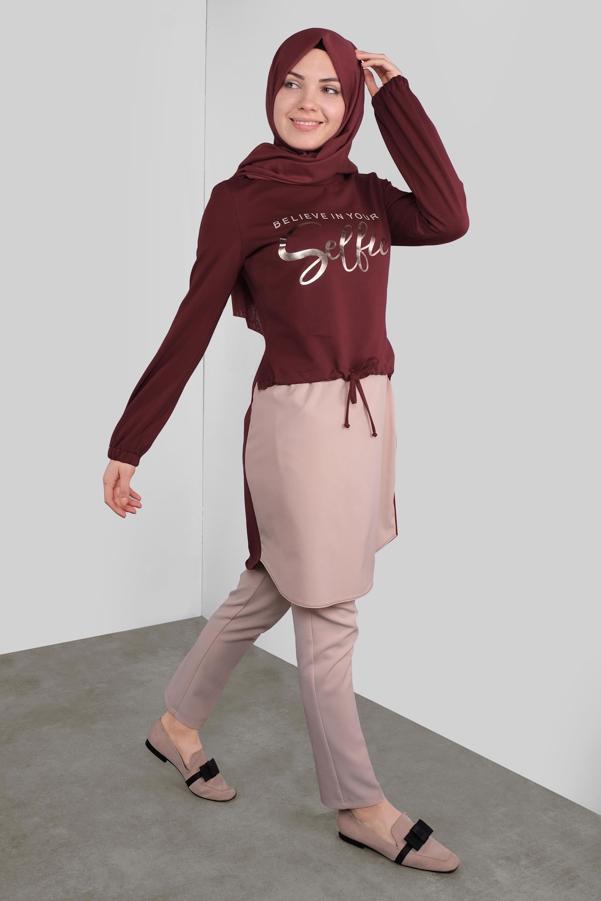 Tesettür giyim BORDO YAZI BASKILI  BAĞCIKLI TUNİK 41230 