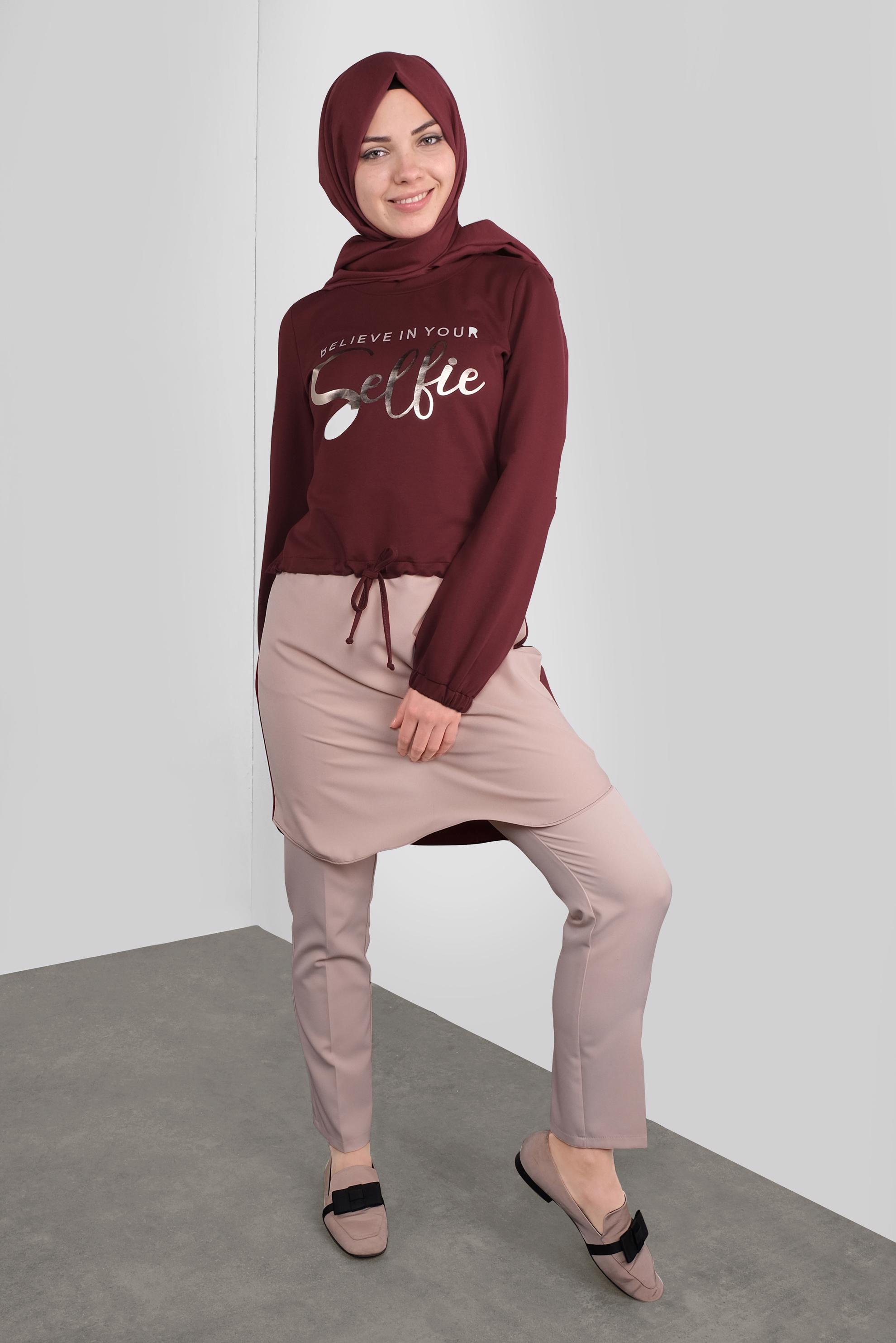 Tesettür giyim BORDO YAZI BASKILI  BAĞCIKLI TUNİK 41230 