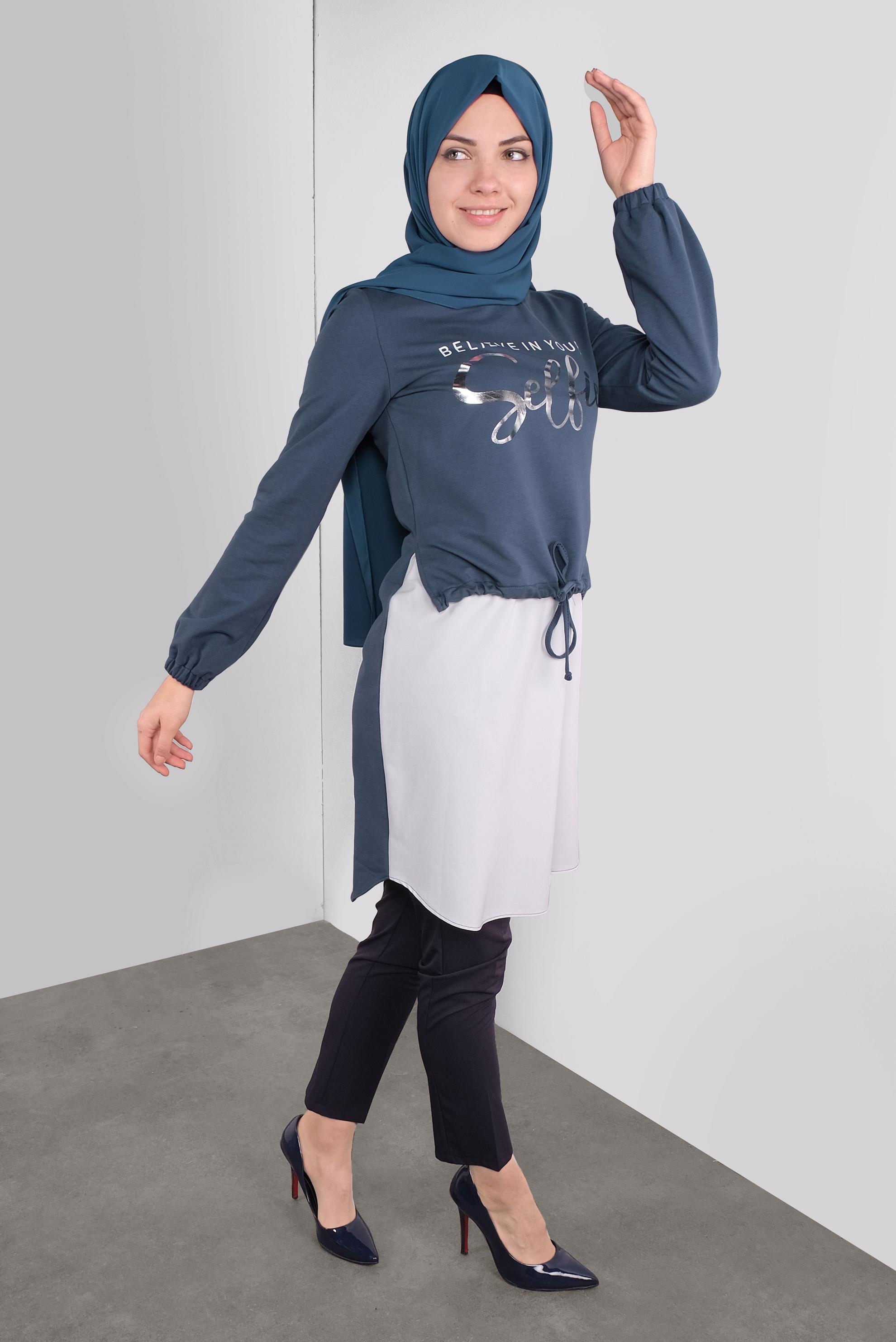 Tesettür giyim MAVİ YAZI BASKILI  BAĞCIKLI TUNİK 41230 