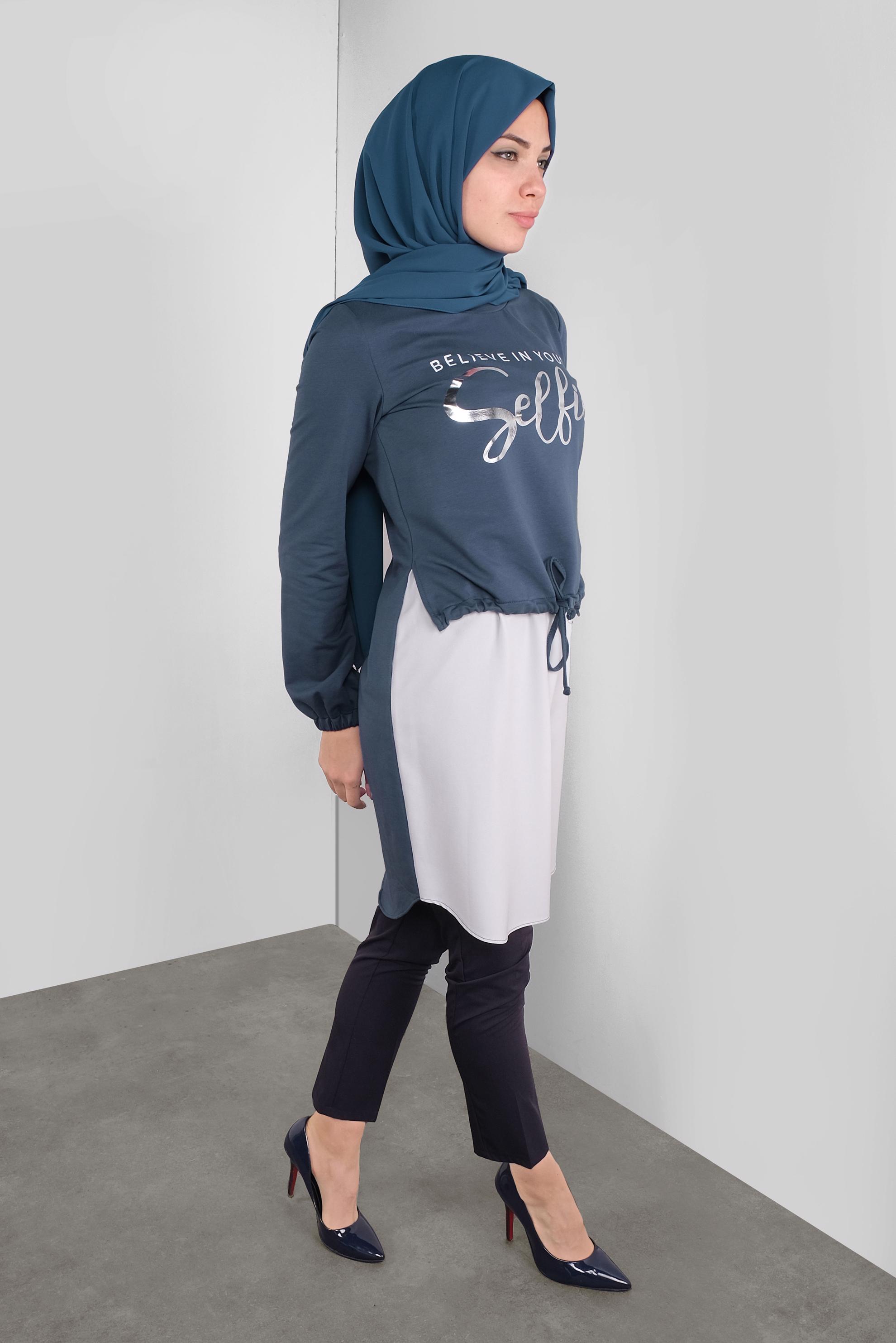 Tesettür giyim MAVİ YAZI BASKILI  BAĞCIKLI TUNİK 41230 