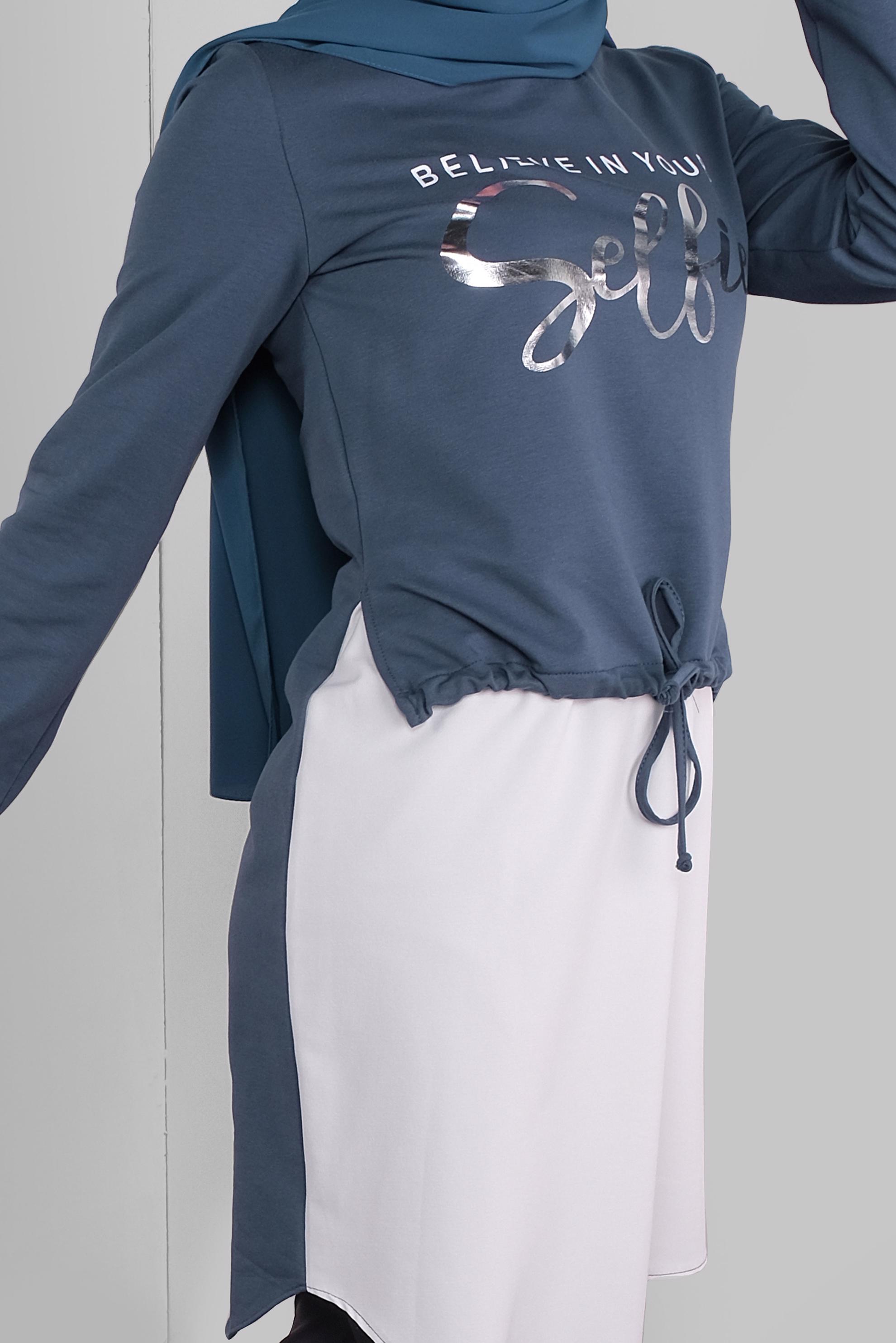 Tesettür giyim MAVİ YAZI BASKILI  BAĞCIKLI TUNİK 41230 