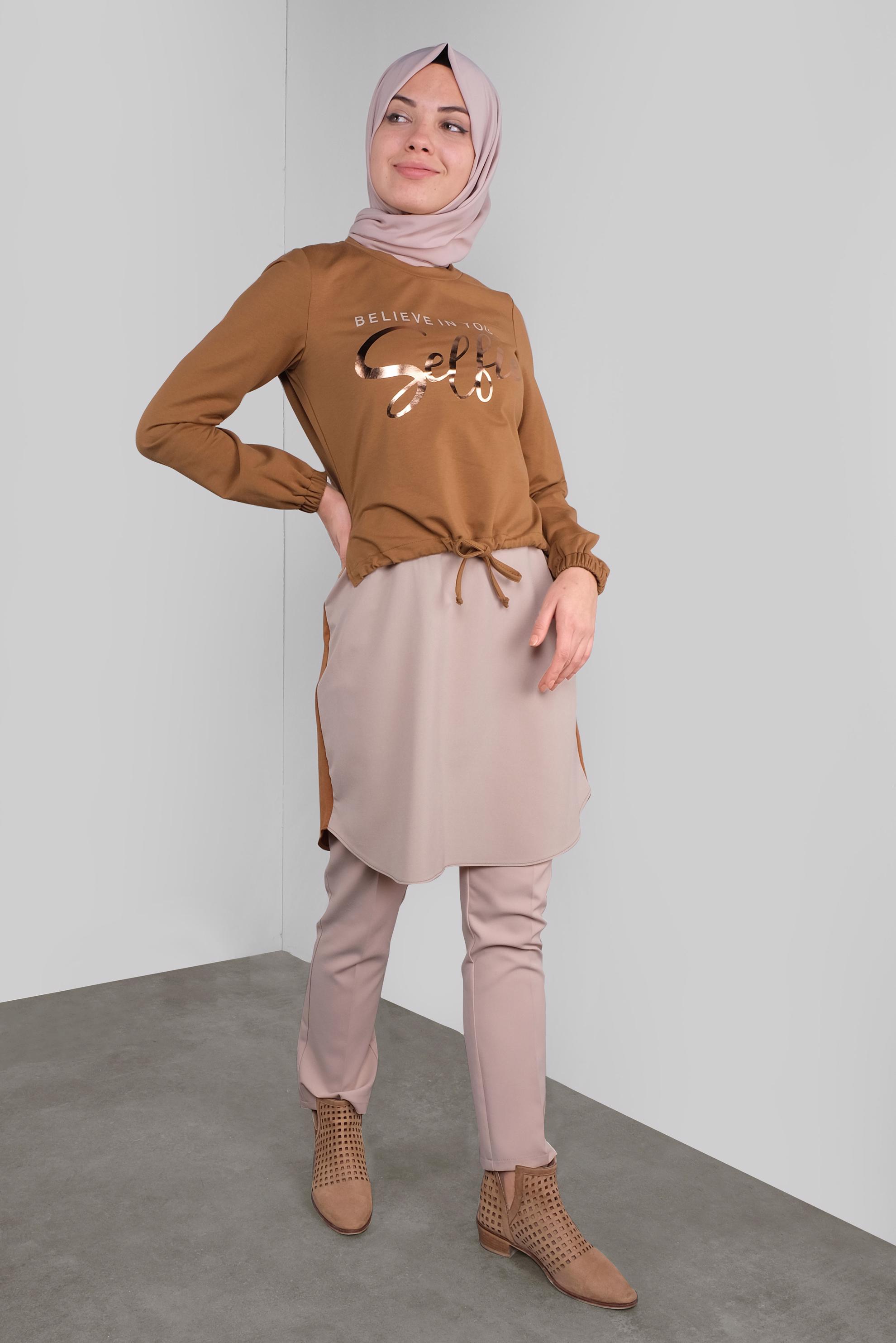 Tesettür giyim KAHVE YAZI BASKILI  BAĞCIKLI TUNİK 41230 