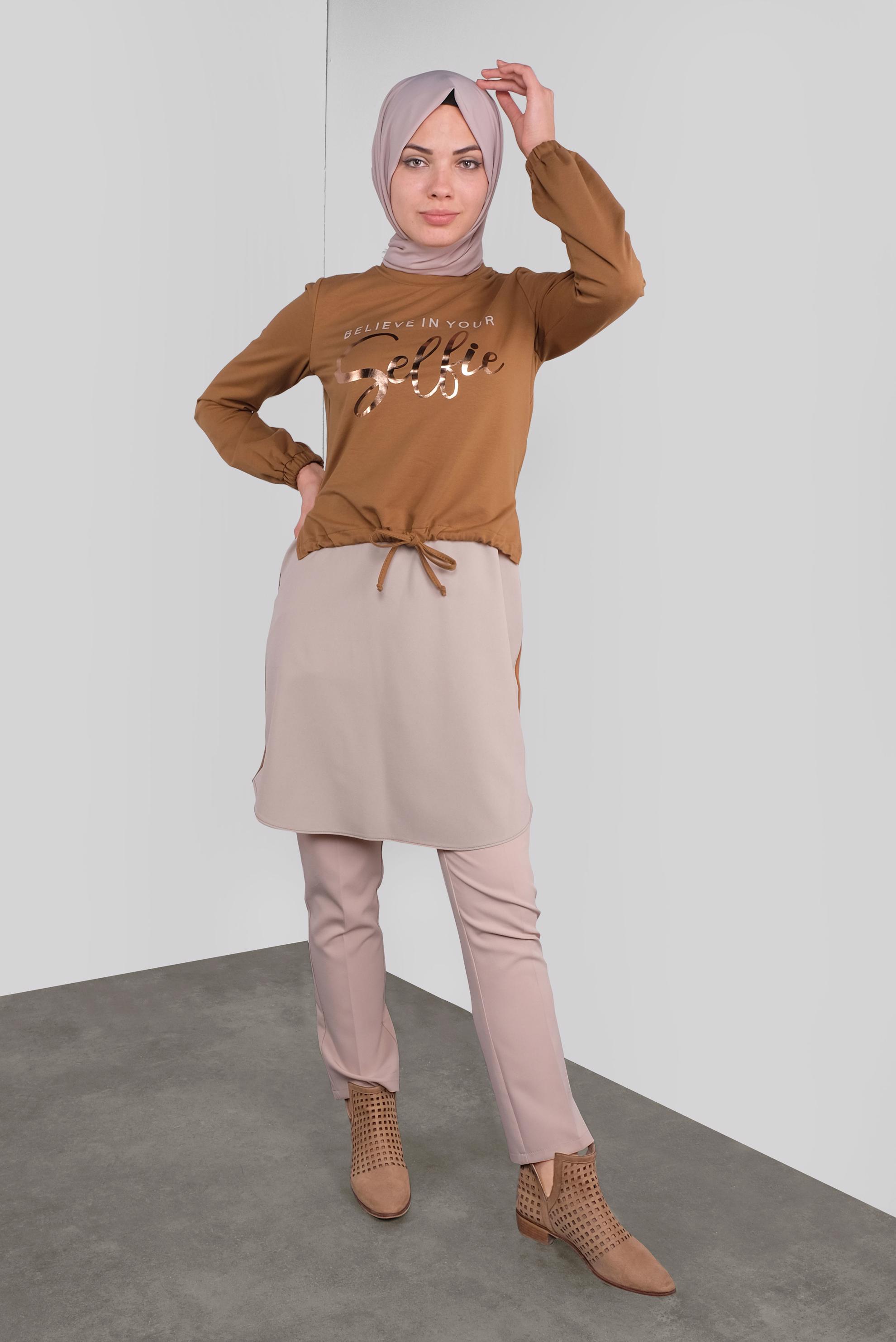 Tesettür giyim KAHVE YAZI BASKILI  BAĞCIKLI TUNİK 41230 
