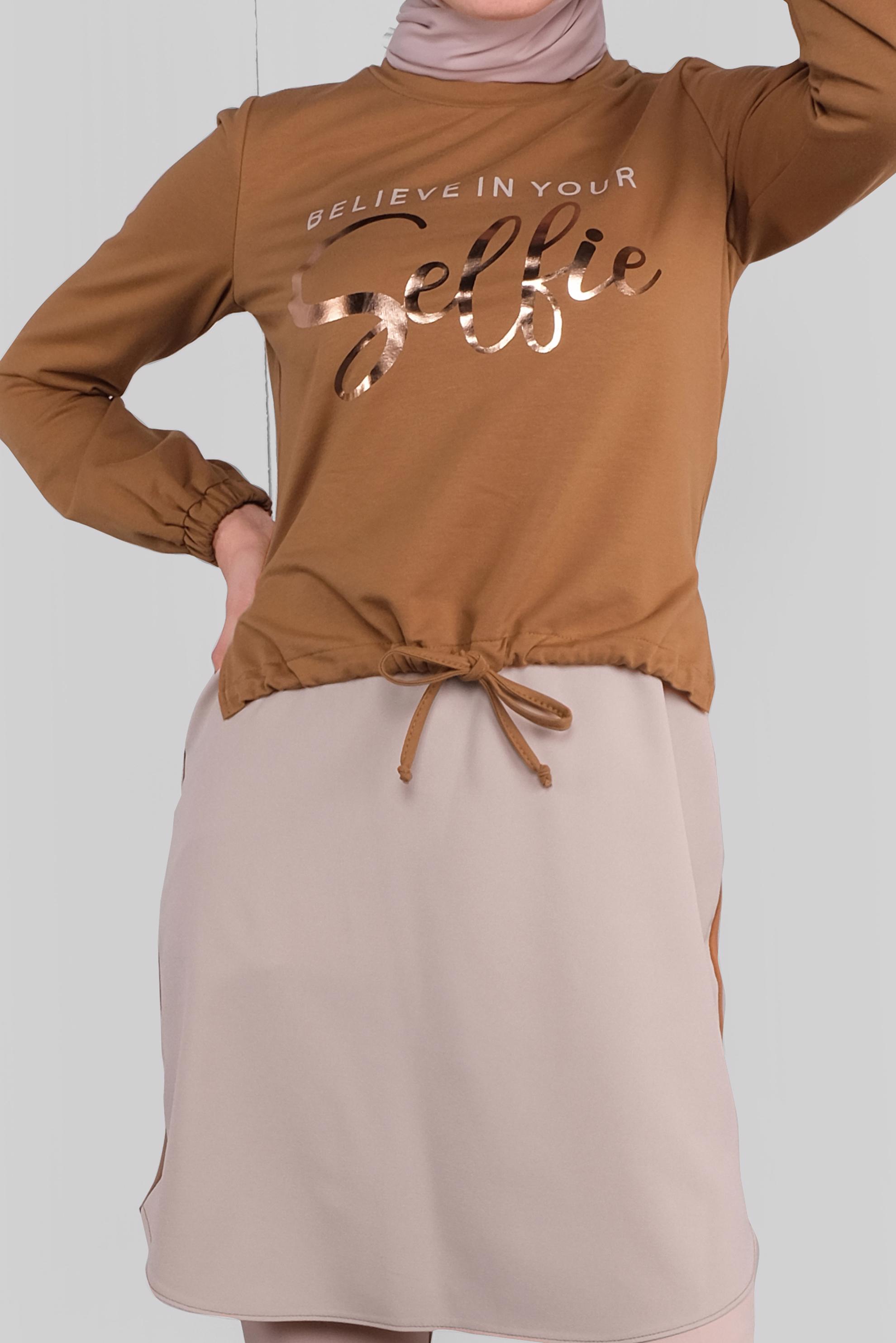 Tesettür giyim KAHVE YAZI BASKILI  BAĞCIKLI TUNİK 41230 