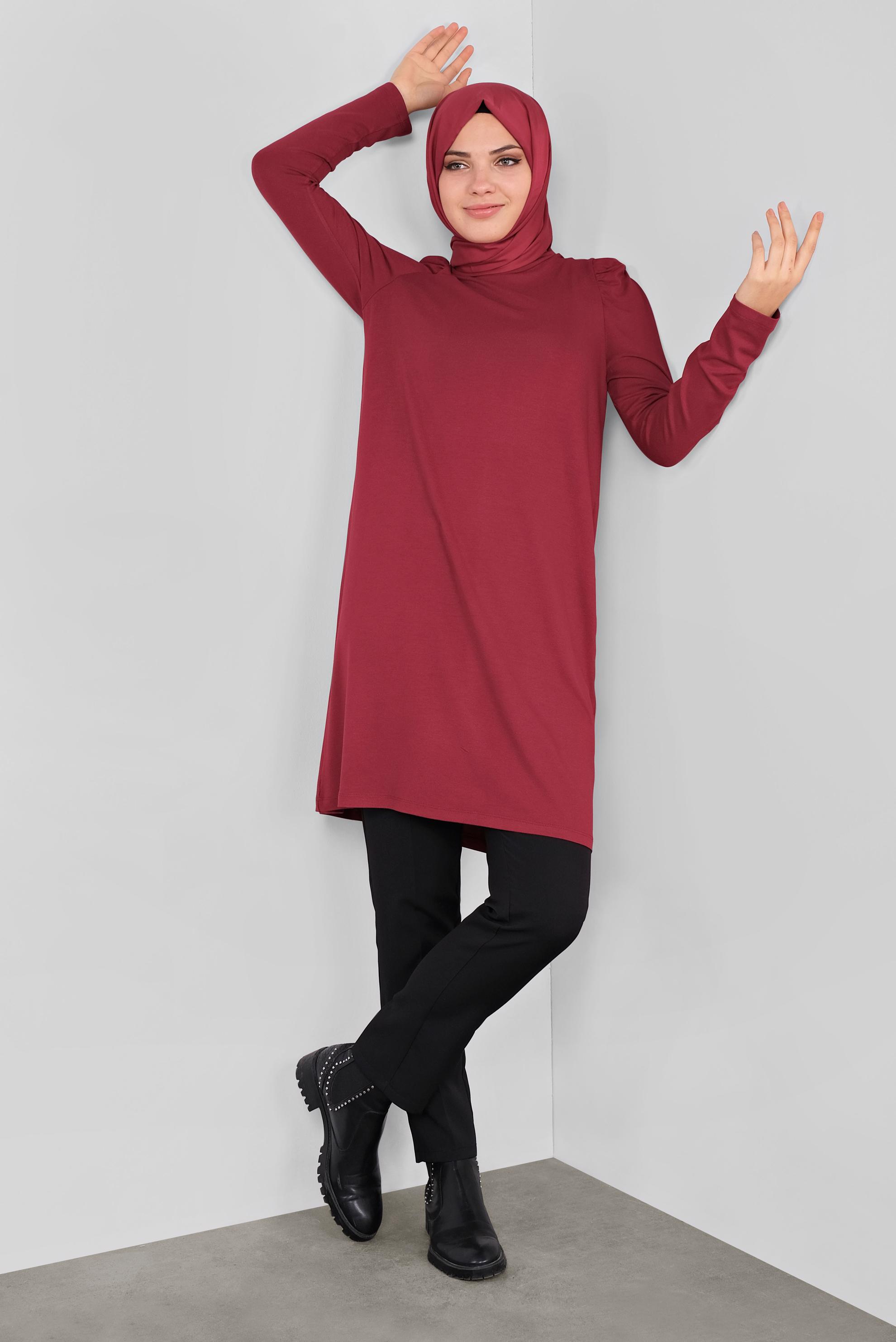 Tesettür giyim KIRMIZI OMUZLARI VOLANLI BOĞAZLI TUNİK 41233 
