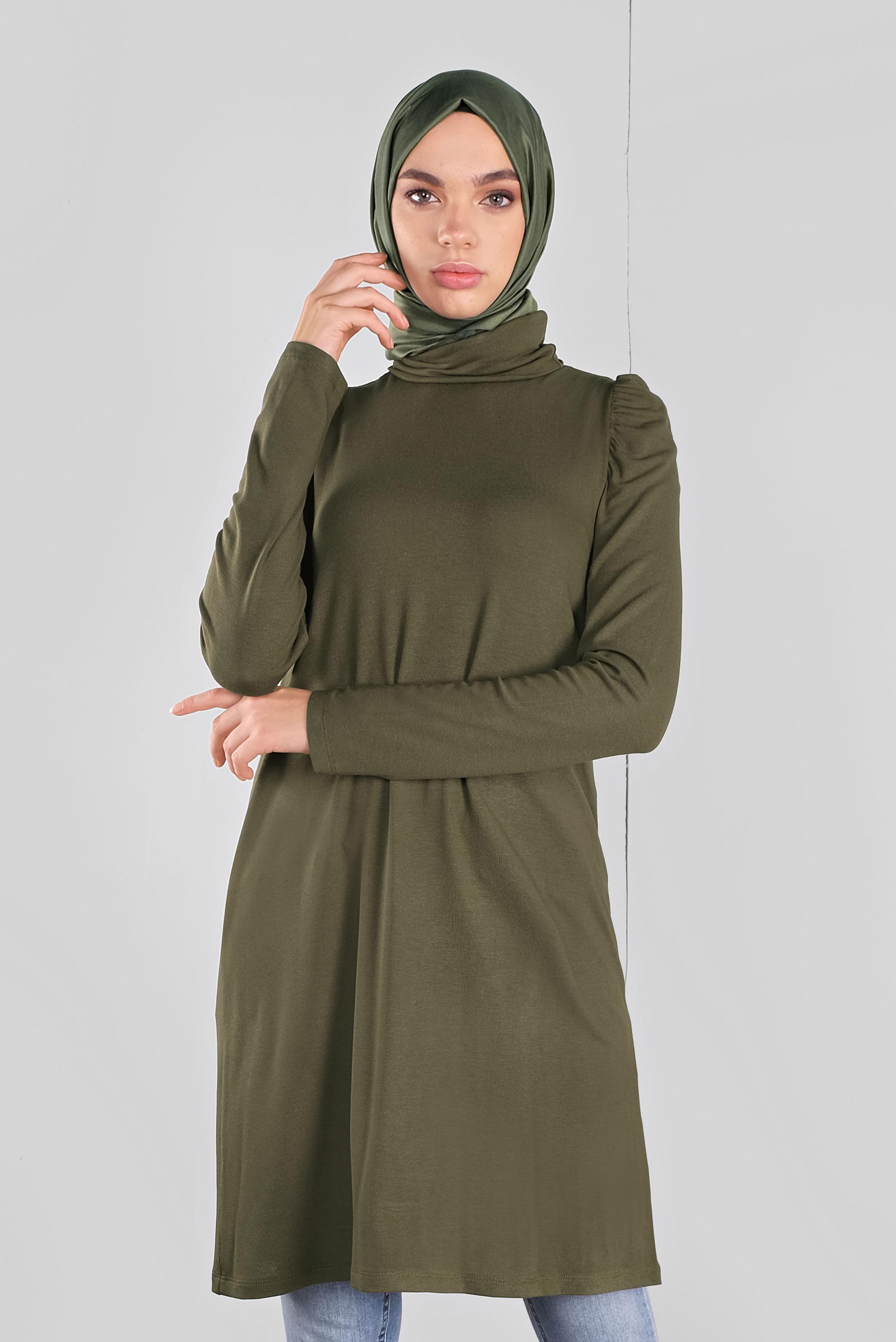 Tesettür giyim HAKİ OMUZLARI VOLANLI BOĞAZLI TUNİK 41233 