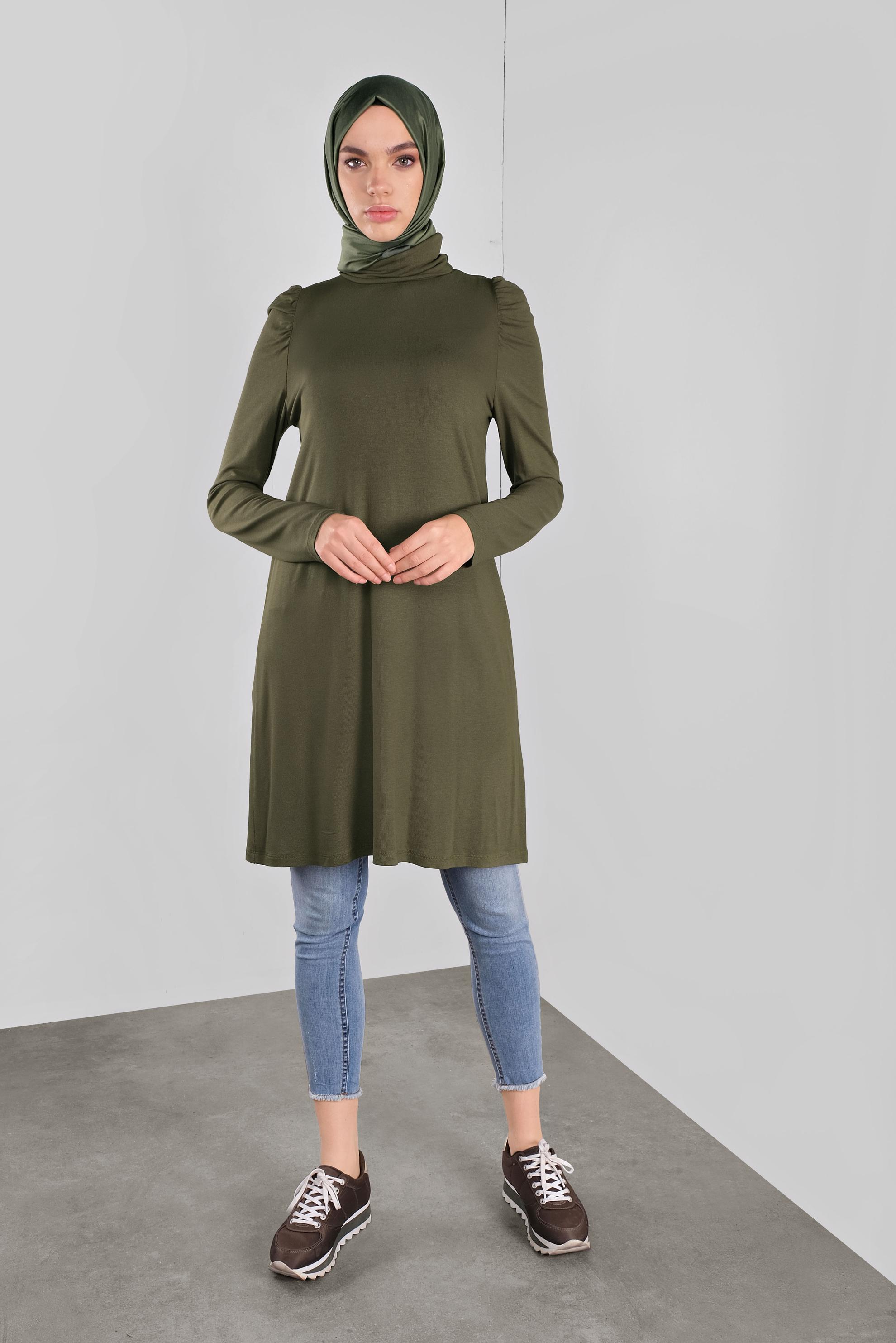 Tesettür giyim HAKİ OMUZLARI VOLANLI BOĞAZLI TUNİK 41233 