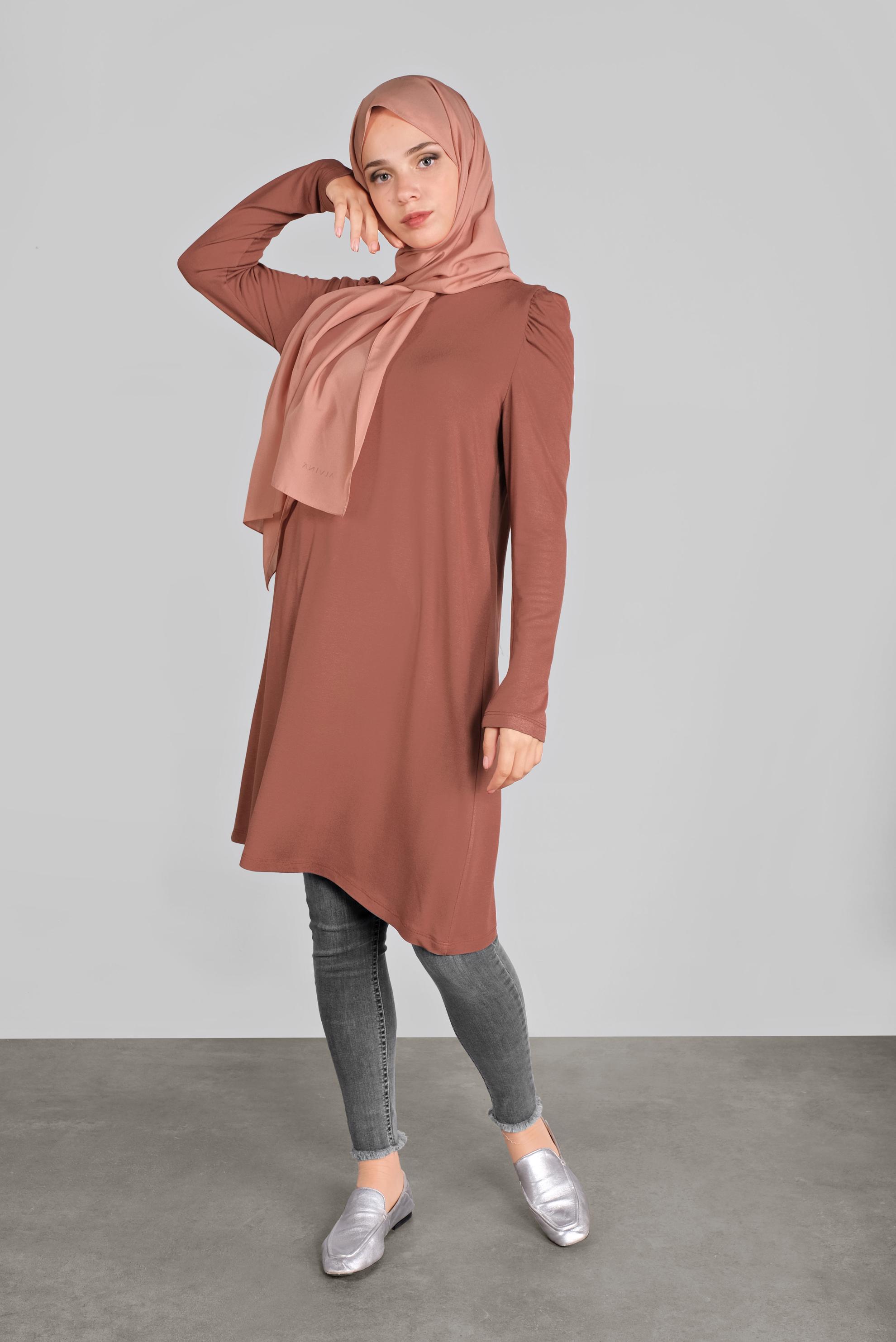 Tesettür giyim TURUNCU OMUZLARI VOLANLI BOĞAZLI TUNİK 41233 