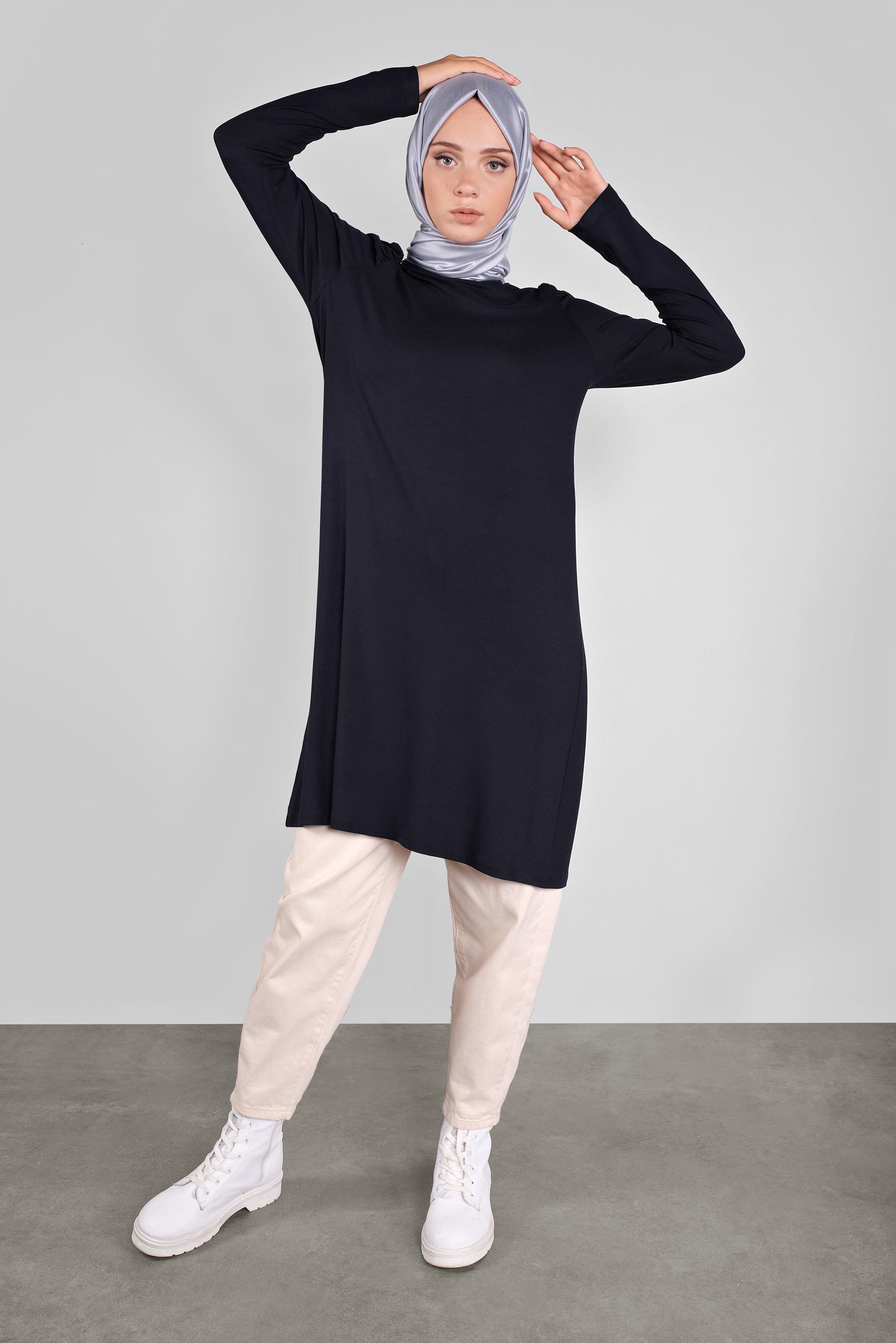 Tesettür giyim LACİVERT OMUZLARI VOLANLI BOĞAZLI TUNİK 41233 