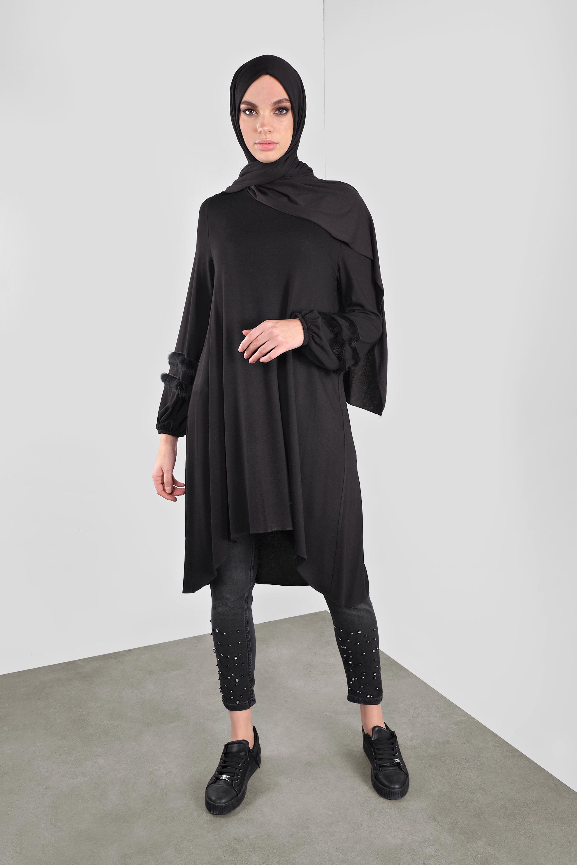 Tesettür giyim SİYAH KOLLARI ŞERİT TÜY DETAYLI SALAŞ TUNİK 41234