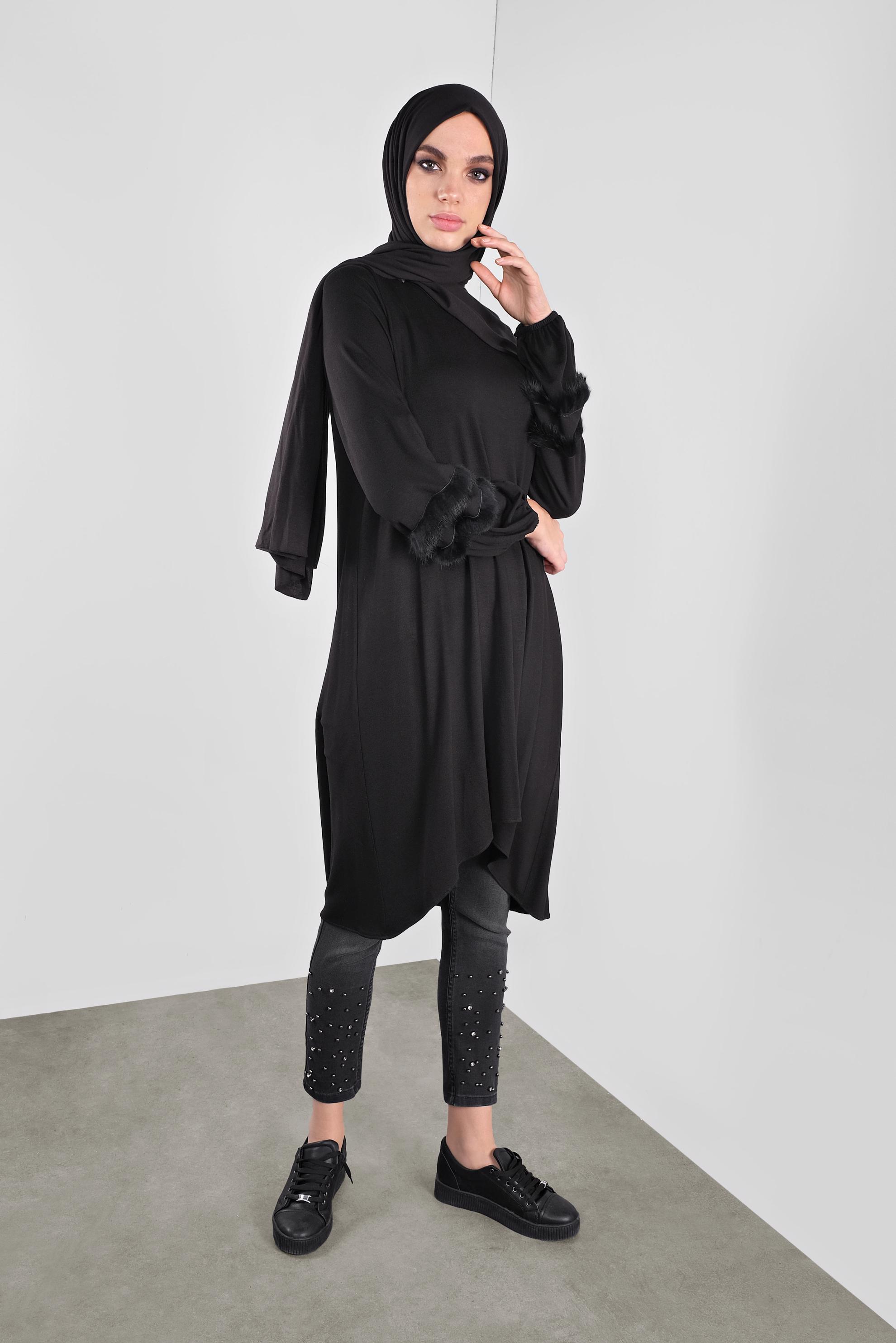 Tesettür giyim SİYAH KOLLARI ŞERİT TÜY DETAYLI SALAŞ TUNİK 41234