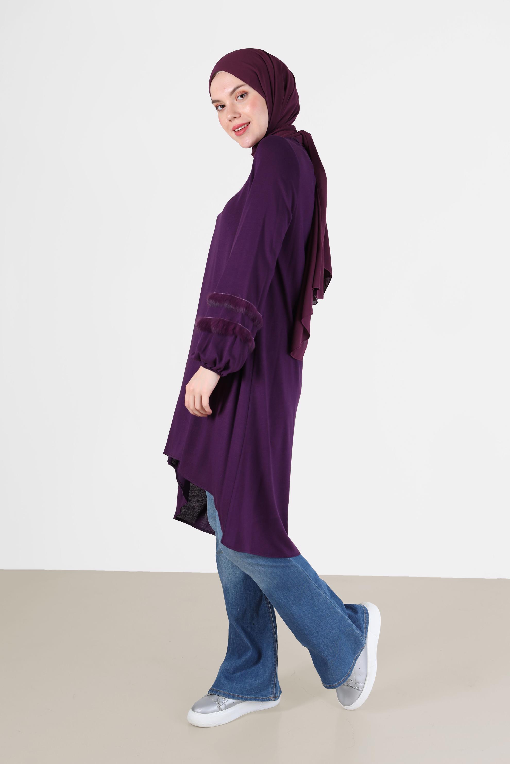 Tesettür giyim MOR KOLLARI ŞERİT TÜY DETAYLI SALAŞ TUNİK 41234