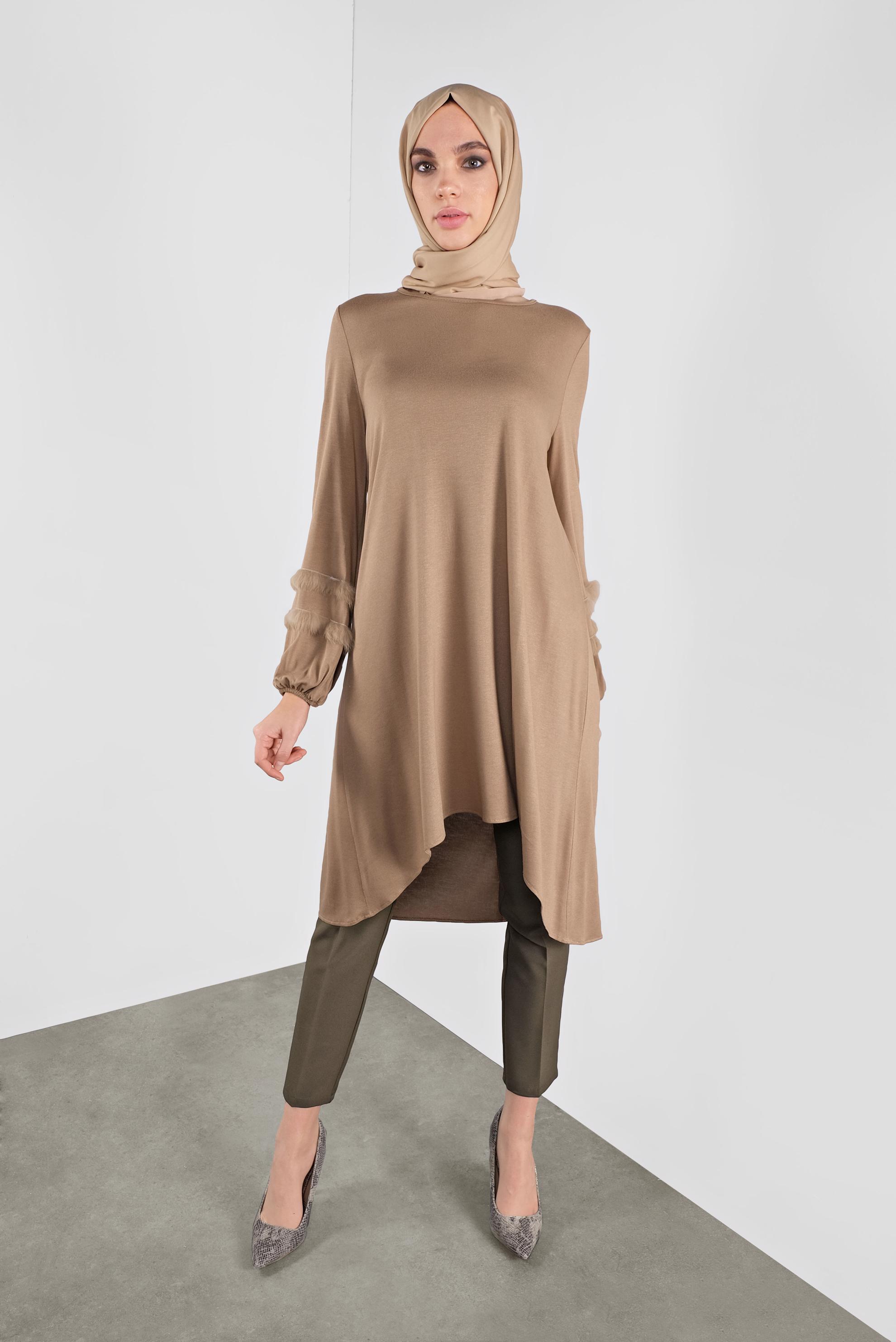 Tesettür giyim KAHVE KOLLARI ŞERİT TÜY DETAYLI SALAŞ TUNİK 41234
