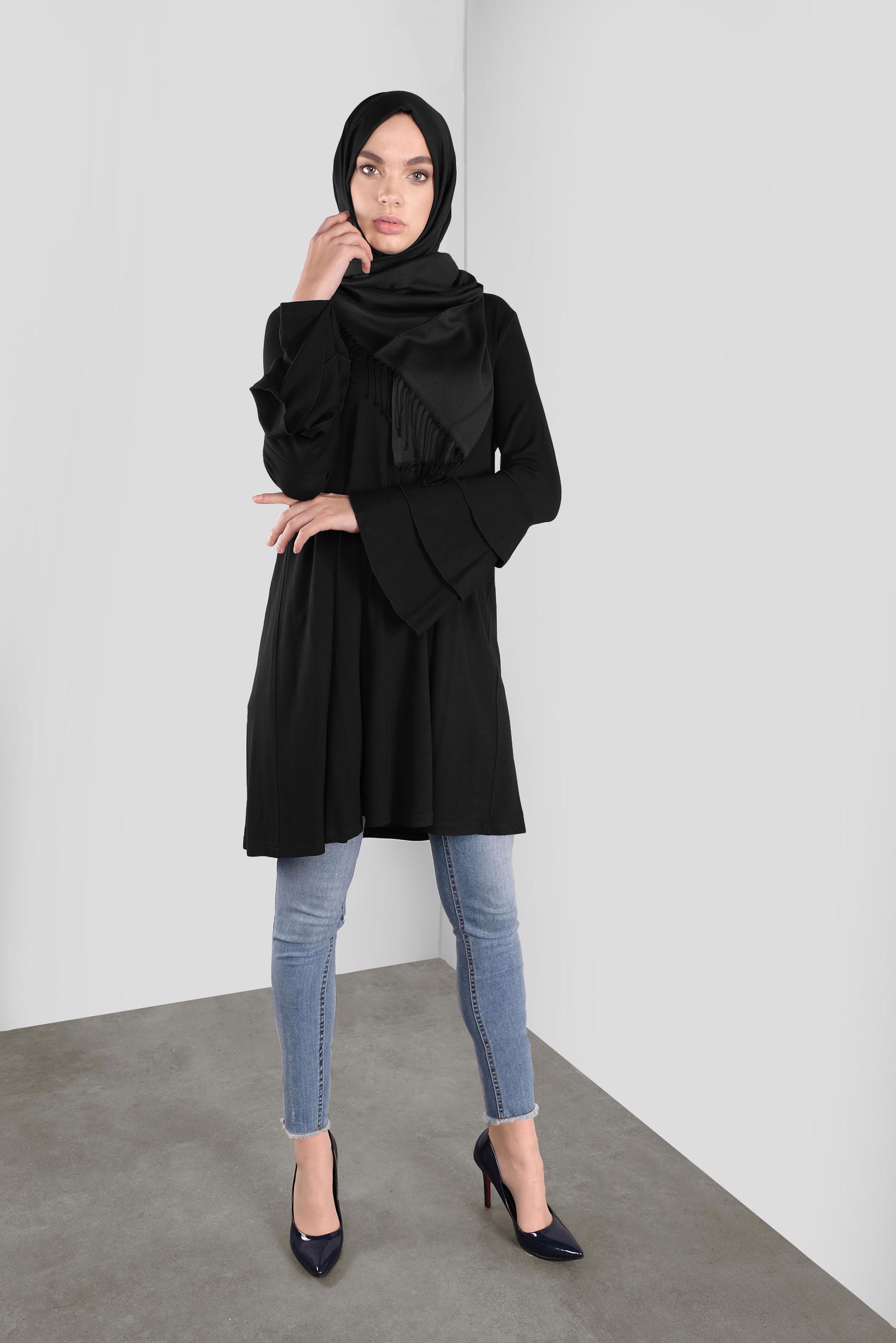 Tesettür giyim SİYAH VOLANLI KOL DETAYLI TUNİK 41235