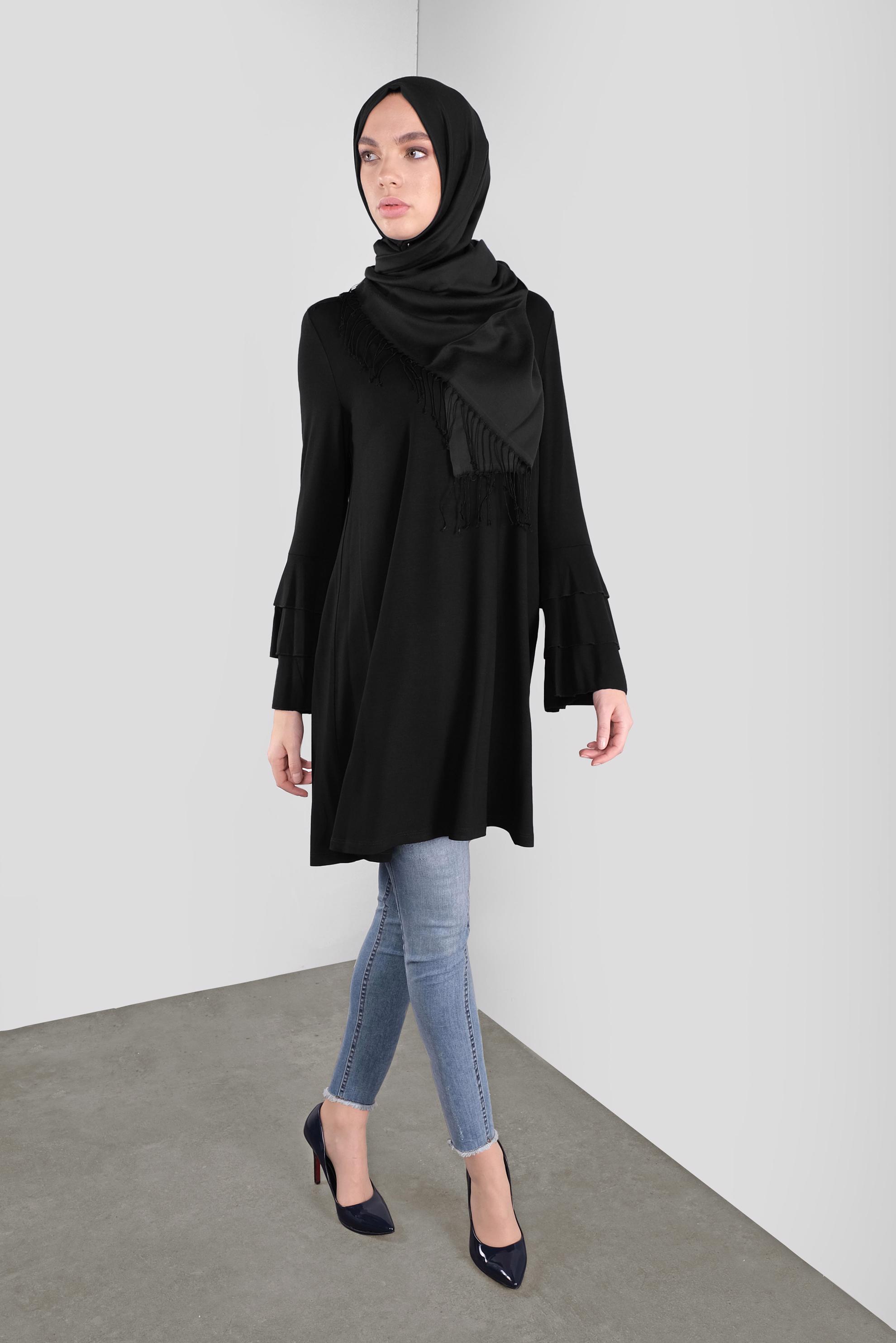 Tesettür giyim SİYAH VOLANLI KOL DETAYLI TUNİK 41235