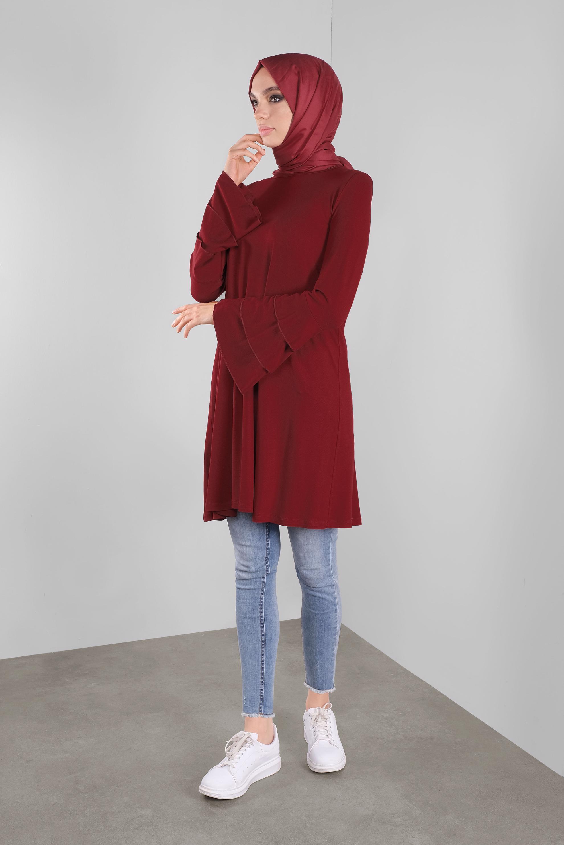 Tesettür giyim BORDO VOLANLI KOL DETAYLI TUNİK 41235