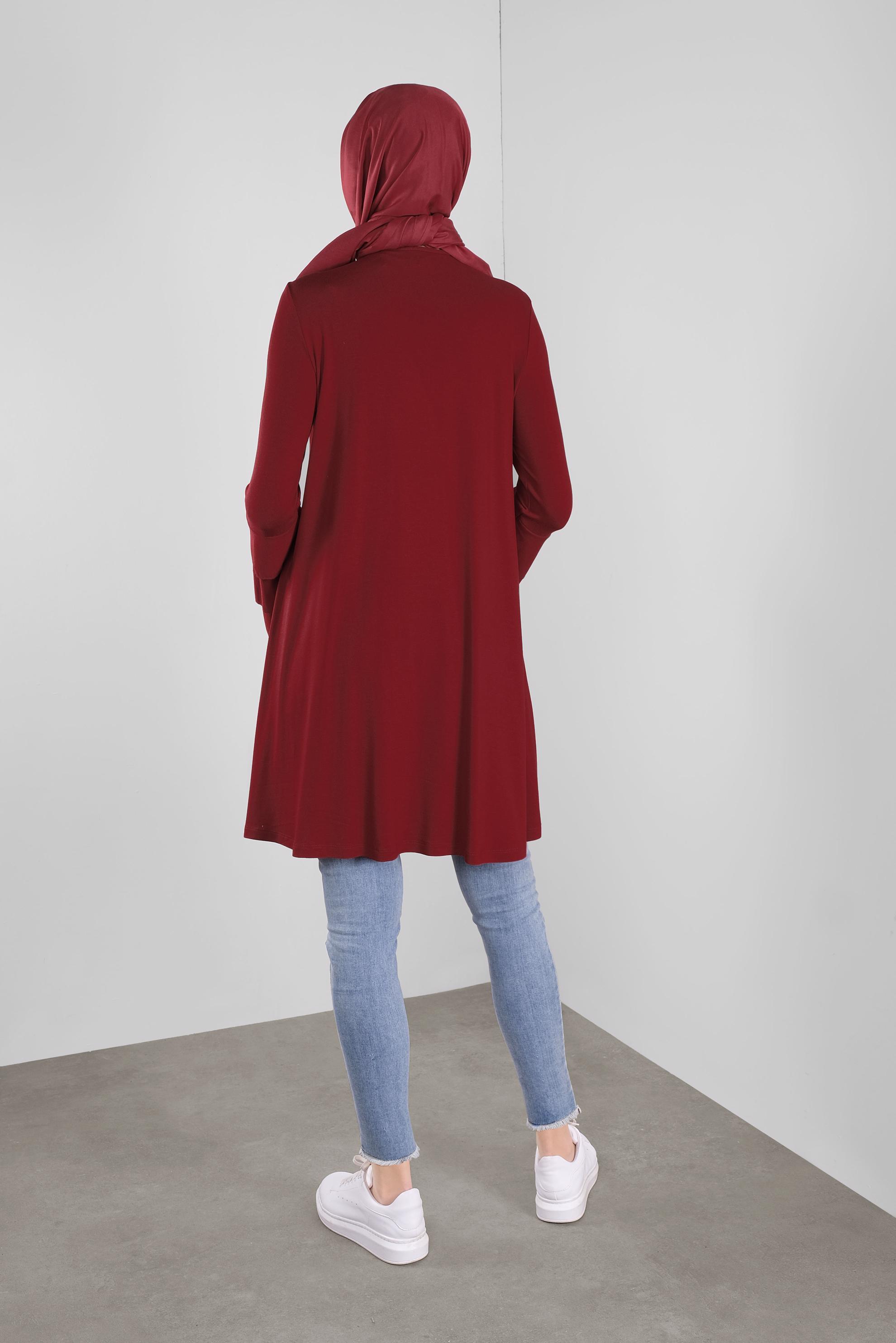 Tesettür giyim BORDO VOLANLI KOL DETAYLI TUNİK 41235