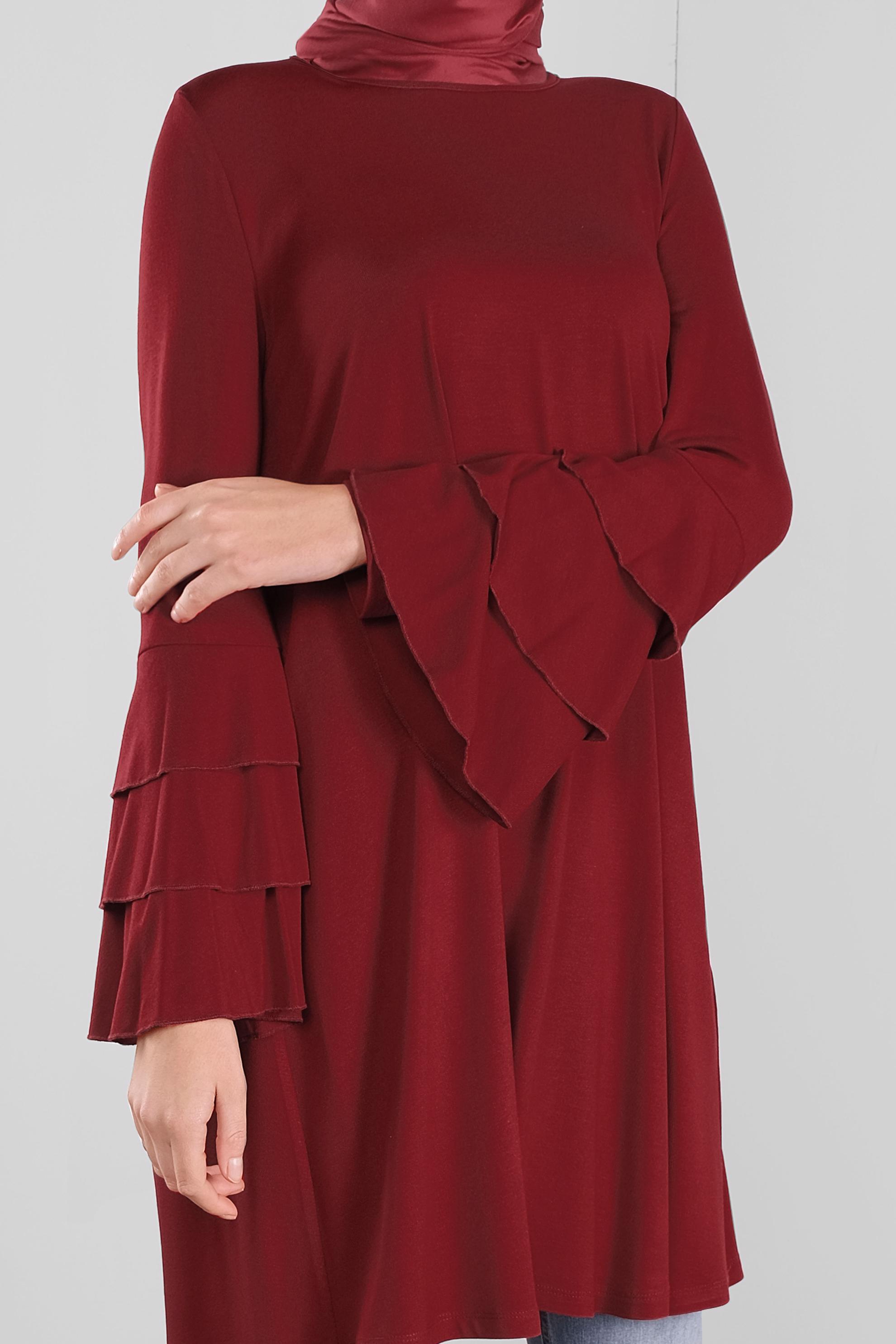 Tesettür giyim BORDO VOLANLI KOL DETAYLI TUNİK 41235