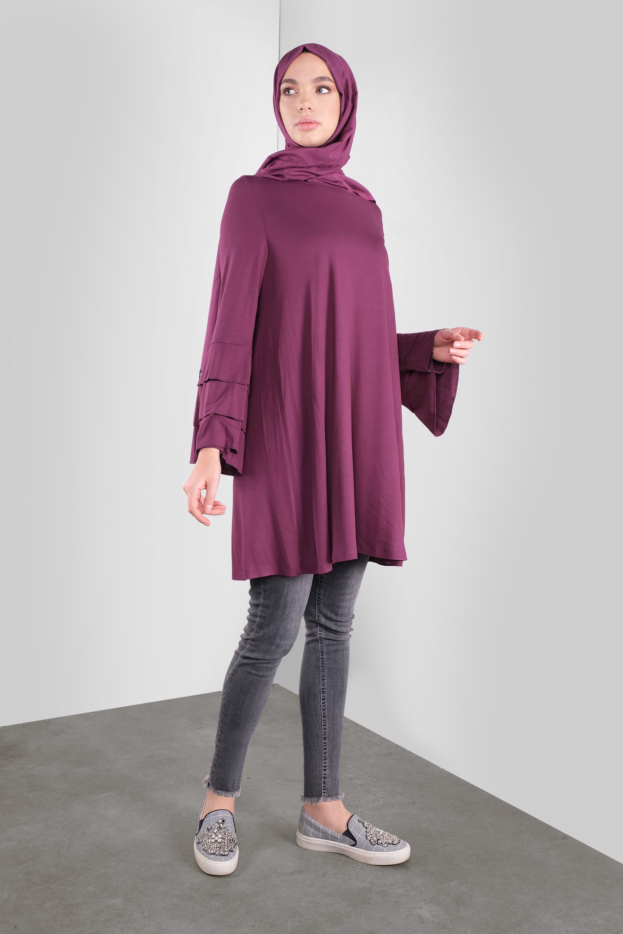 Tesettür giyim FUŞYA VOLANLI KOL DETAYLI TUNİK 41235