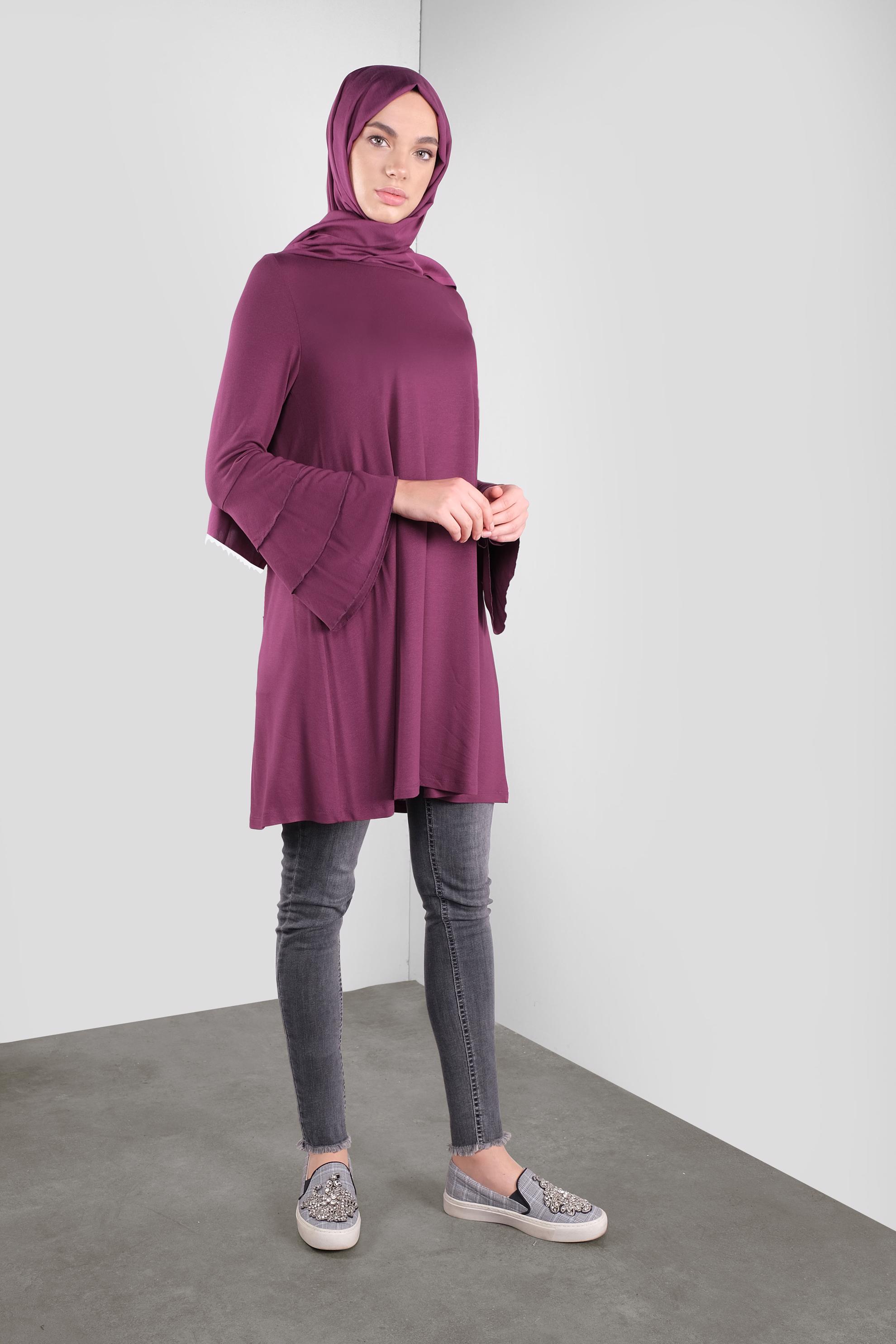 Tesettür giyim FUŞYA VOLANLI KOL DETAYLI TUNİK 41235