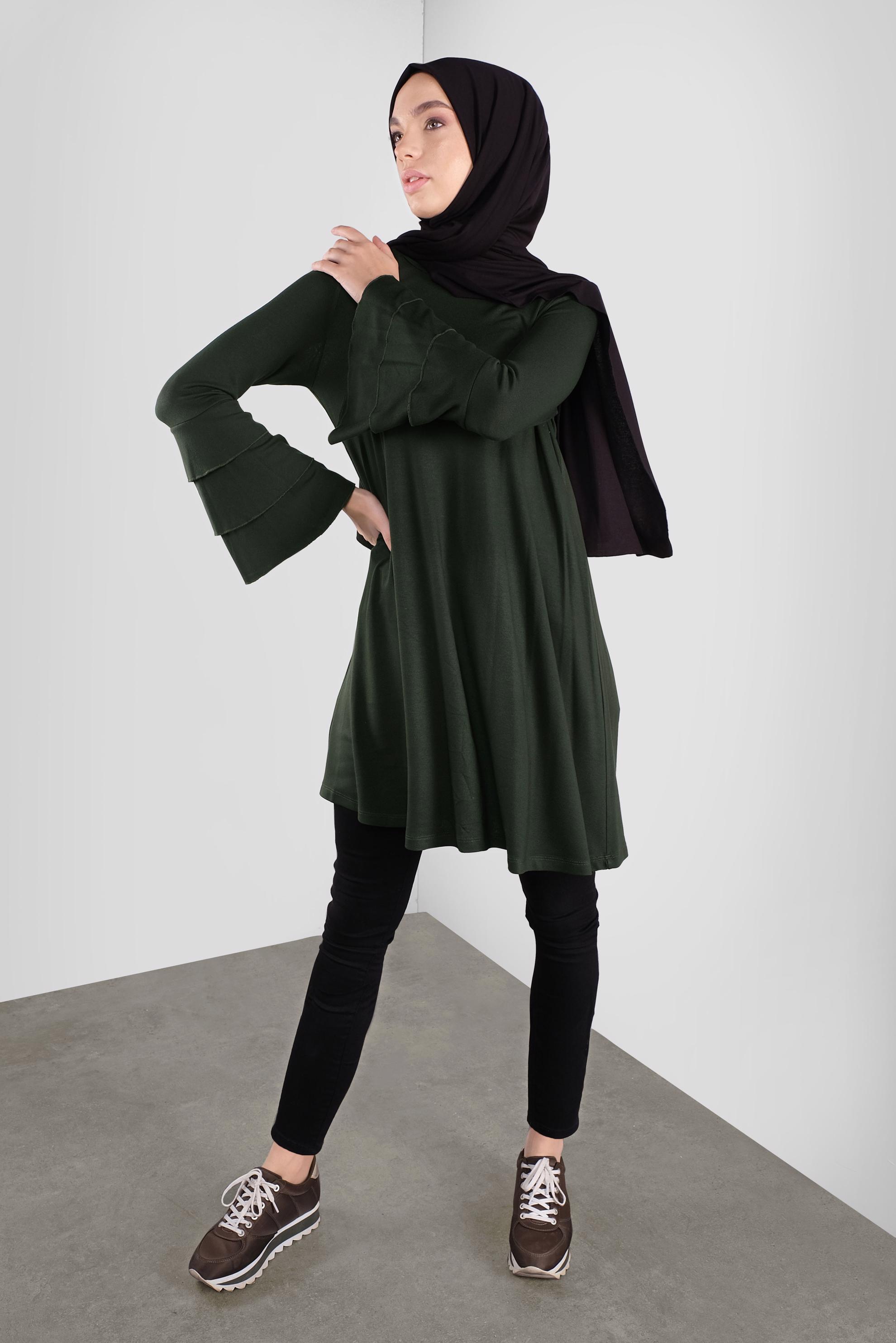 Tesettür giyim HAKİ VOLANLI KOL DETAYLI TUNİK 41235