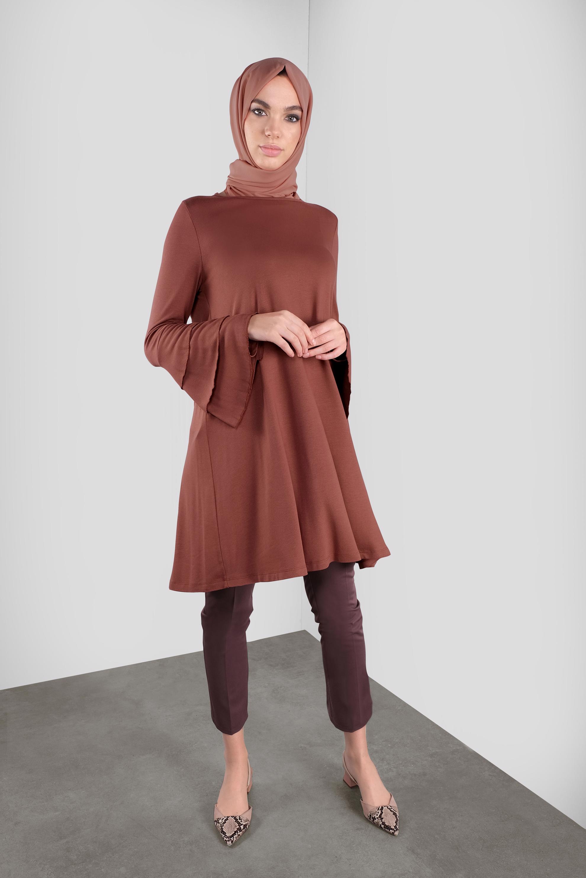 Tesettür giyim TURUNCU VOLANLI KOL DETAYLI TUNİK 41235