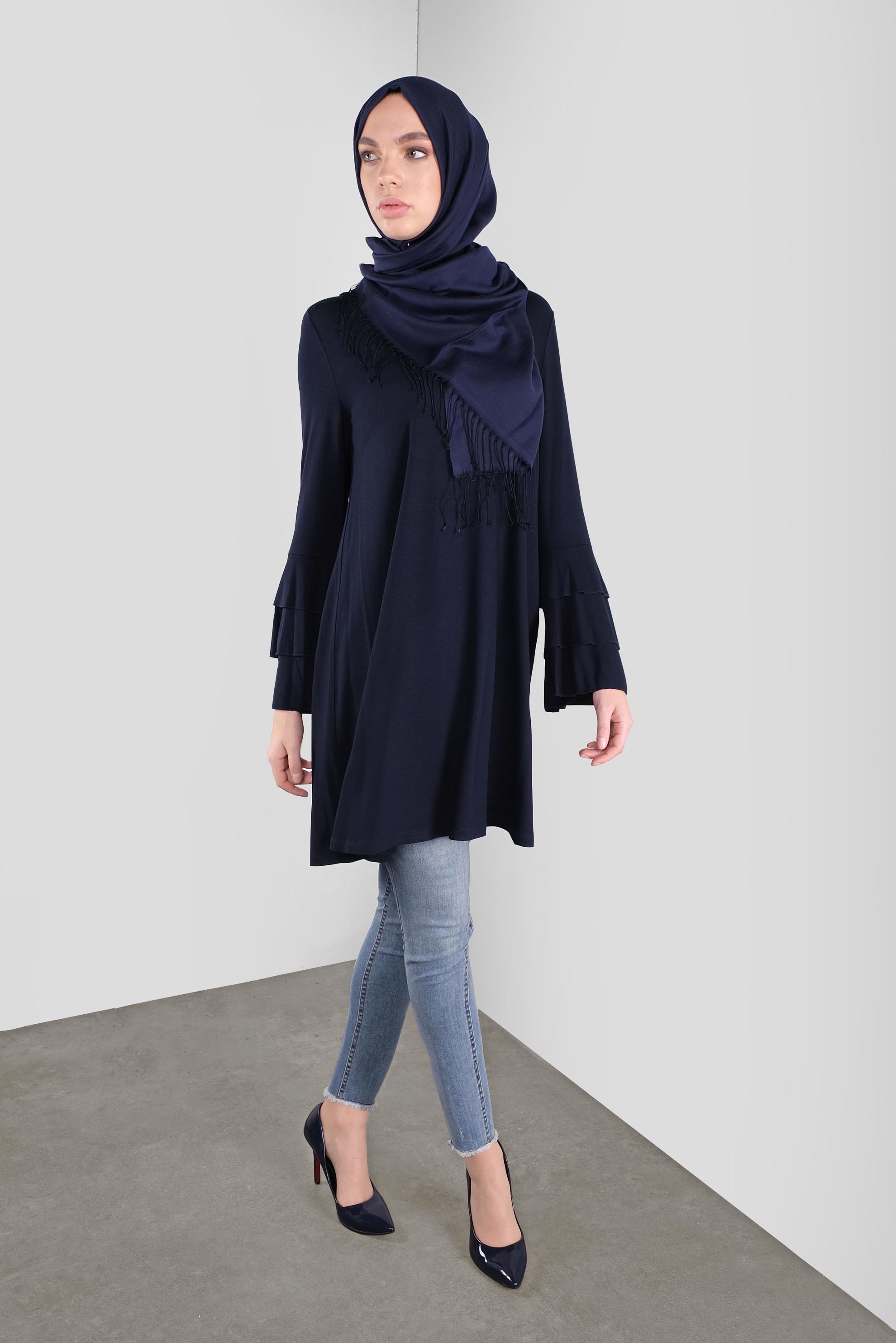 Tesettür giyim LACİVERT VOLANLI KOL DETAYLI TUNİK 41235