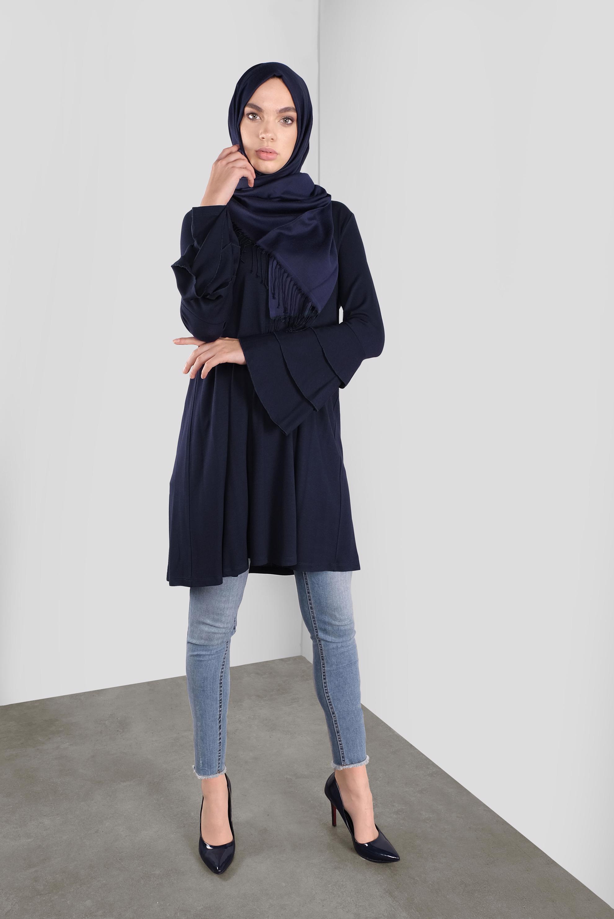 Tesettür giyim LACİVERT VOLANLI KOL DETAYLI TUNİK 41235