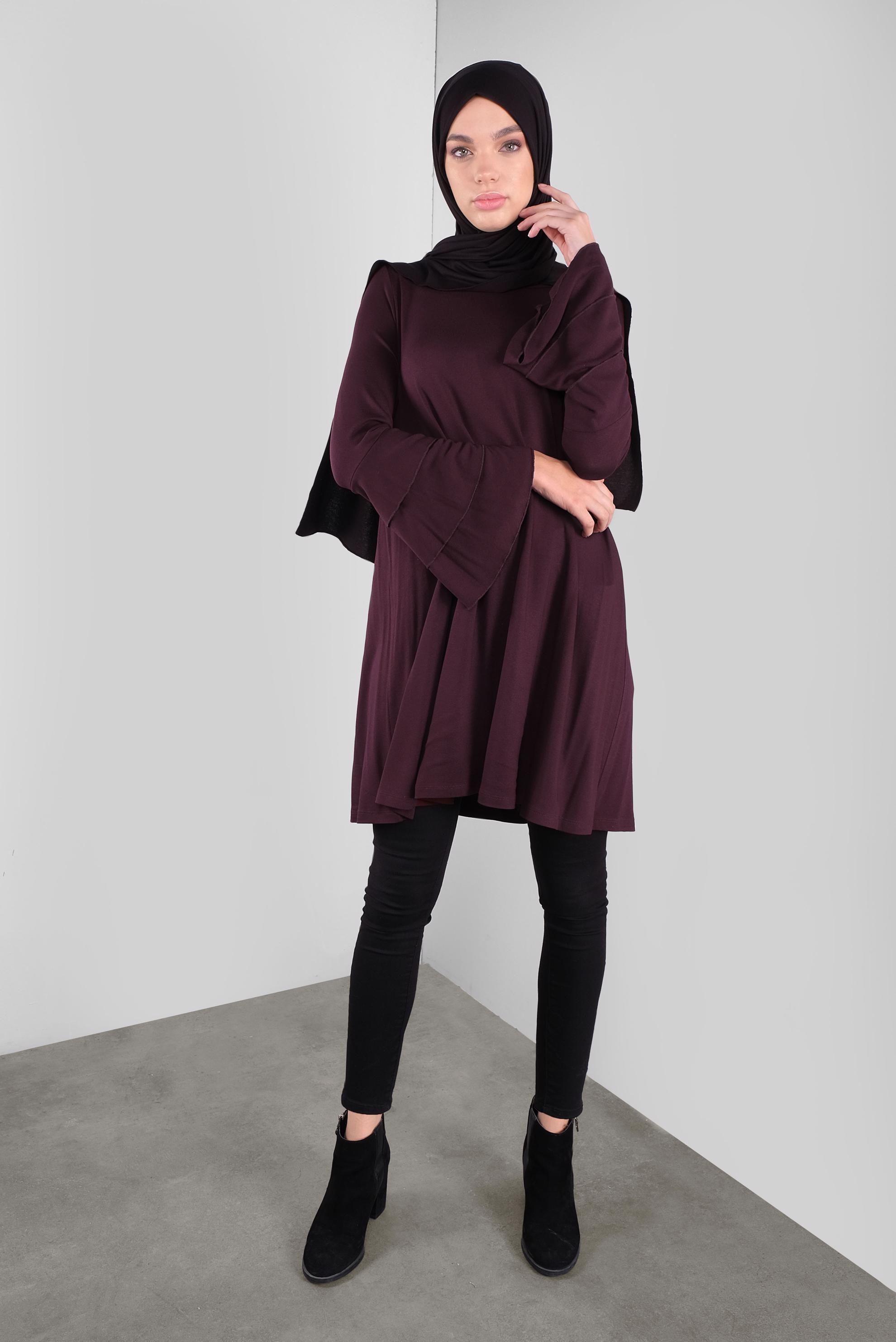 Tesettür giyim BORDO VOLANLI KOL DETAYLI TUNİK 41235