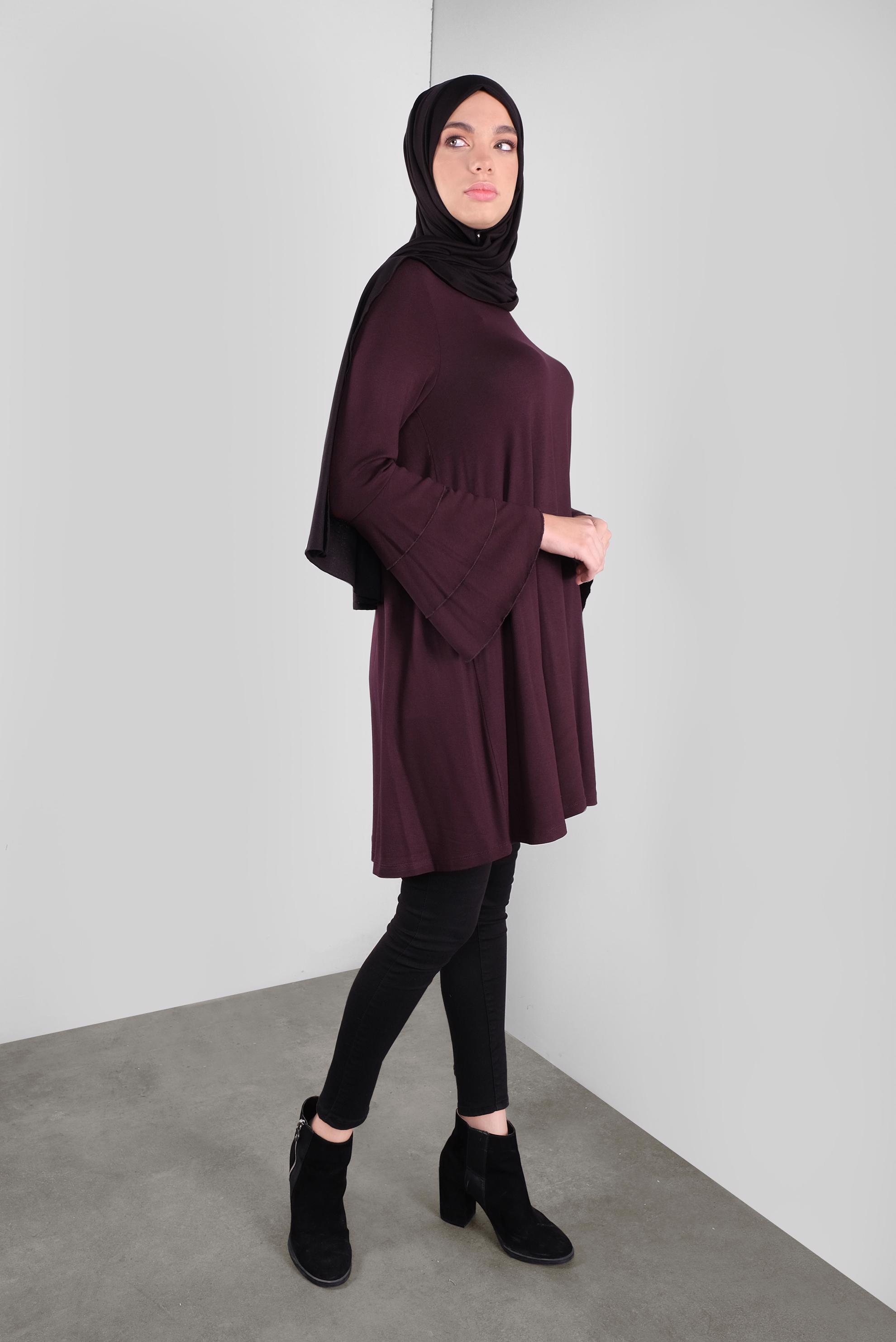 Tesettür giyim BORDO VOLANLI KOL DETAYLI TUNİK 41235